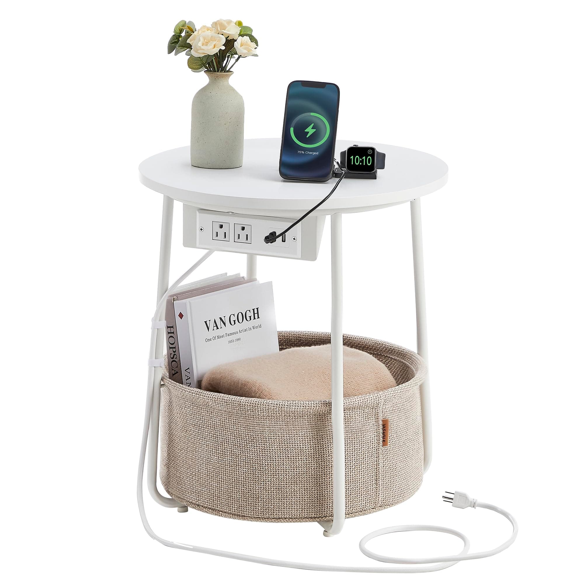 LILEA Collection - Side Table with Charging Station, Round End Table with Fabric Basket, Nightstand with USB Ports, for Living Room, Bedroom, Modern, Matte White and Camel Brown ULET228W01