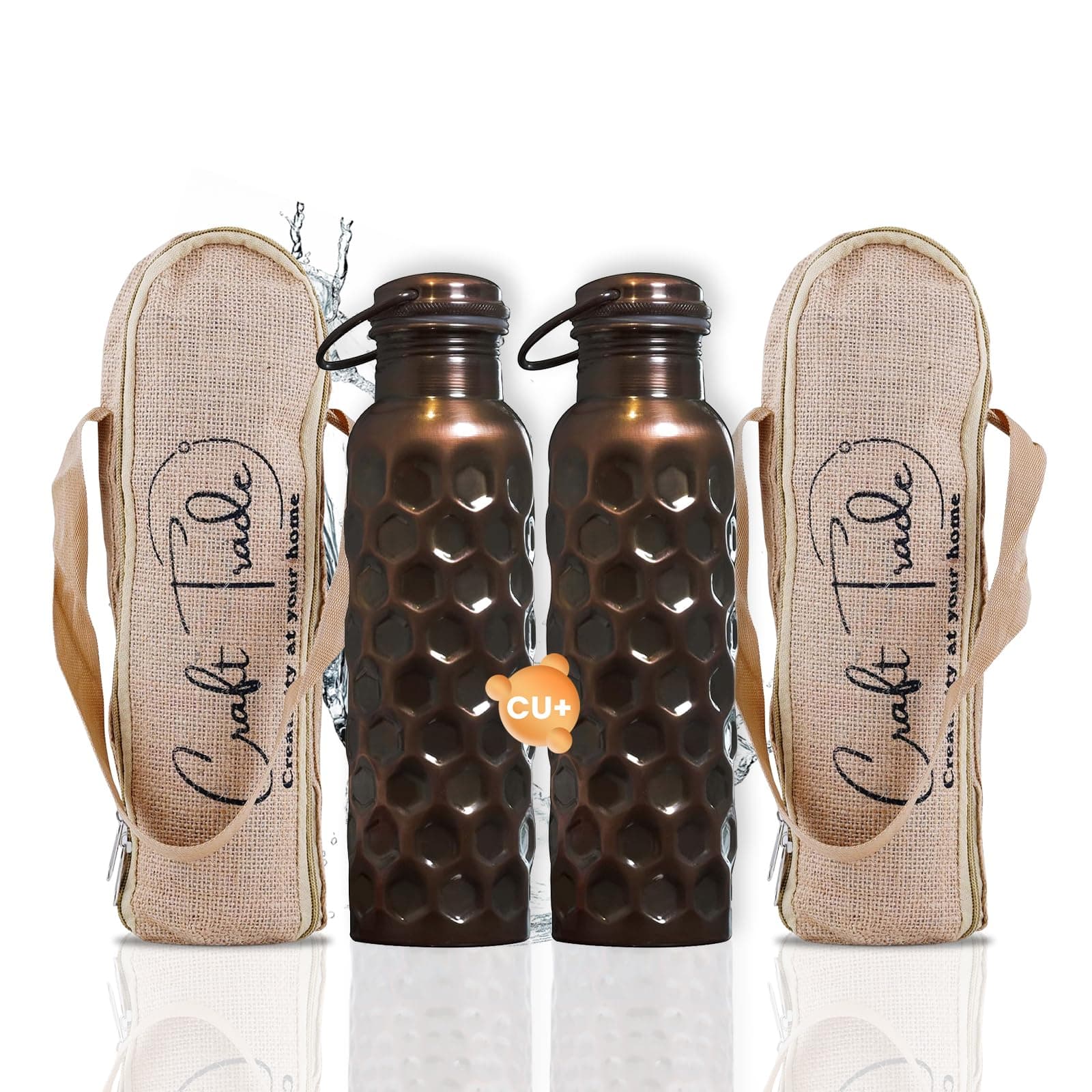 Craft Trade Pack of 2 Hammered Pure Copper Bottle with Lid and Carry Bag for Drinking Water BPA Free Leak Proof Boosts Immunity & Liver Health, Ayurveda Inspired 34oz - 1 Litre Black