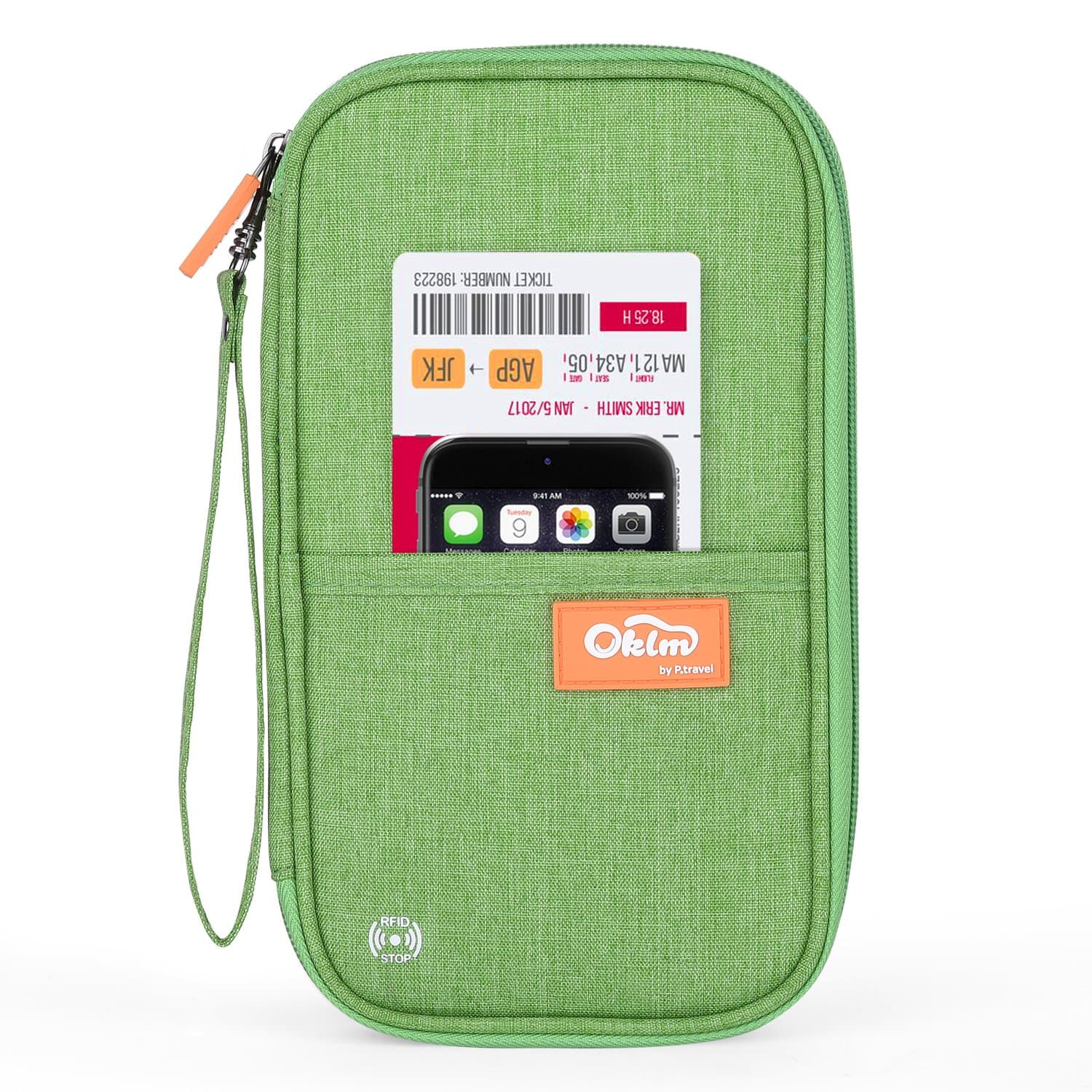 RFID Travel Passport Wallet and Credit Card Holder by FLYNOVA| Small Clutch with Zippered Pockets | Carry Money, Tickets, Documents | Includes Smartphone Pocket (Grass Green)