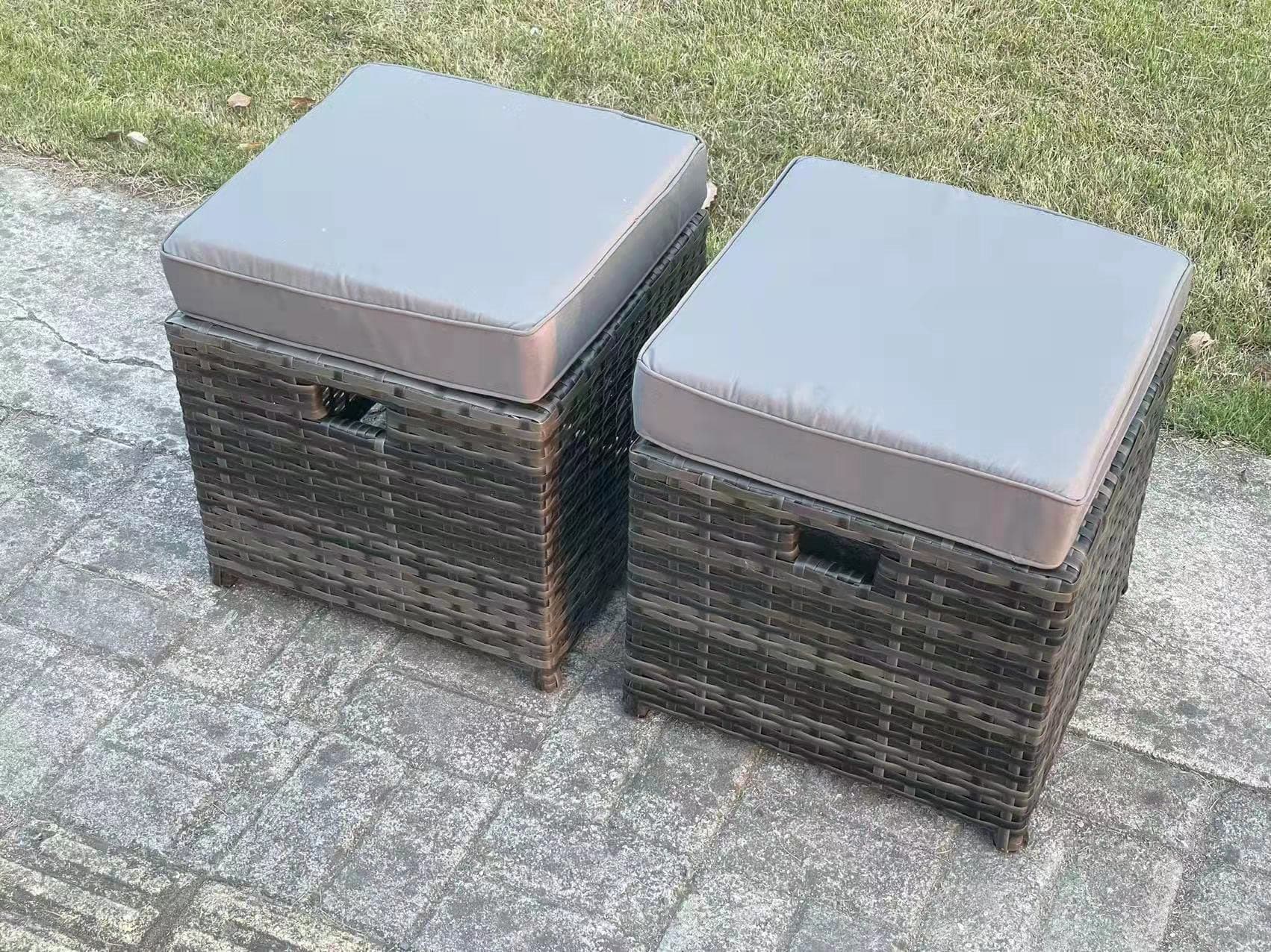 Fimous 2 PCS Fully Assembled Small Rattan Stool With Cushion And Handle Dark Grey Mixed Patio Garden Furniture Accessory