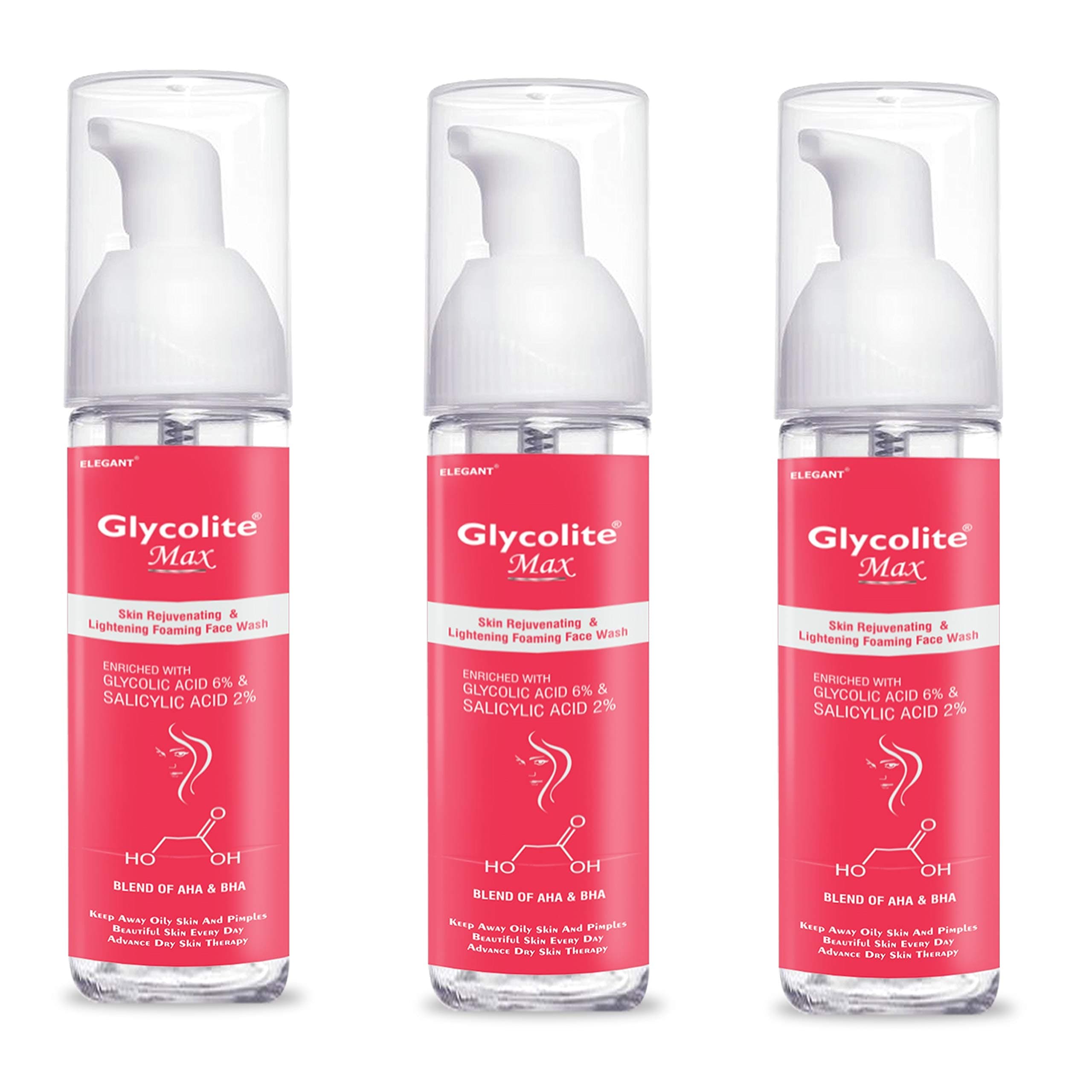 Glycolite Max Foaming Skin Lightening Face Wash 60ml | Pack of 3 | Glycolic Acid 6%, AHA & BHA | Skin Brightening, Minimize Pores, Dead Skin Remover, Fights Acne | For Men and Women | Made In India