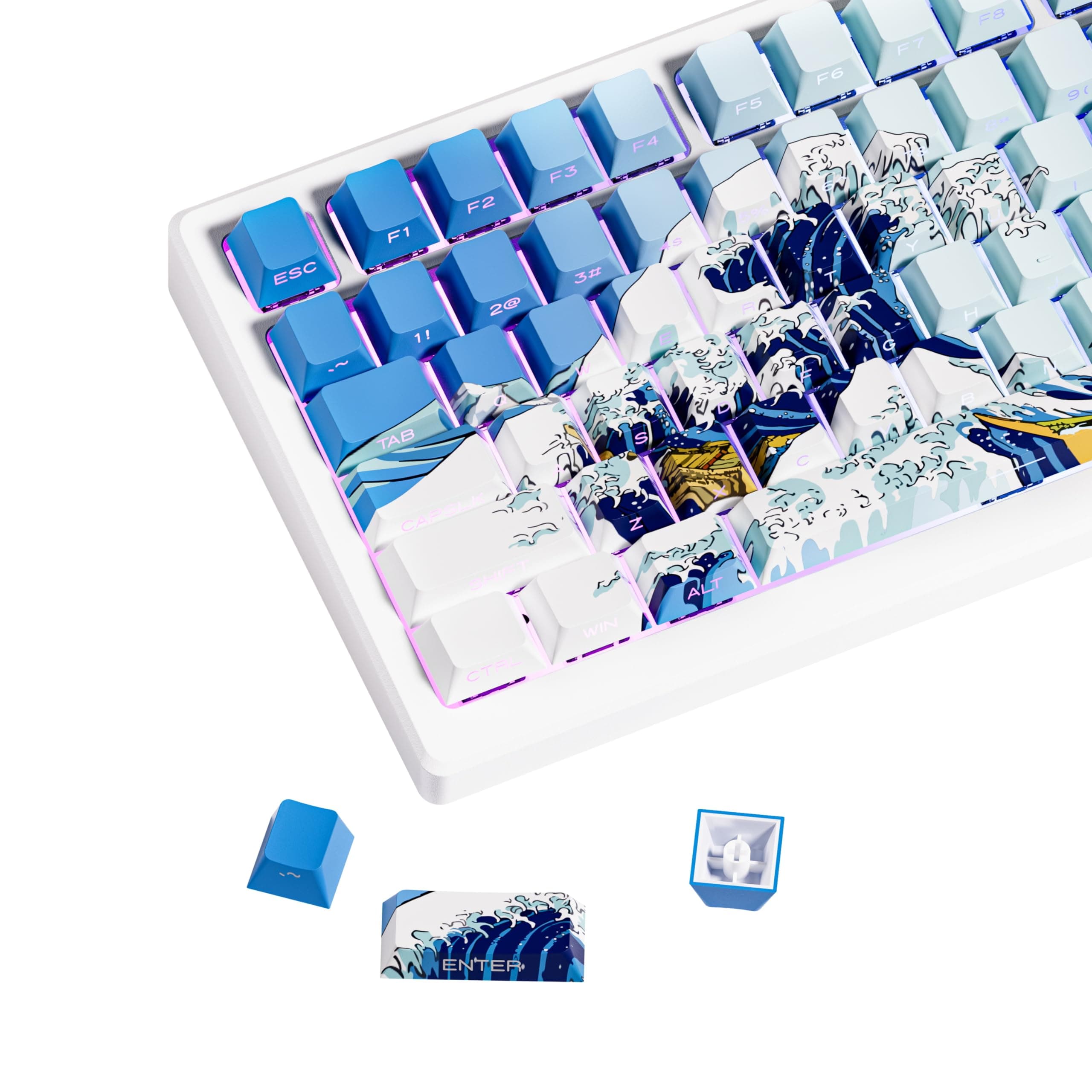 XVX Shine Through Keycaps, Side Print PBT Keycaps 75 Percent Dye Sub, 131 Keys Cherry Profile Custom Keycap 60 Percent, Wave of Kanagawa Double Shot Keyboard Keycap for Mechanical Keyboards