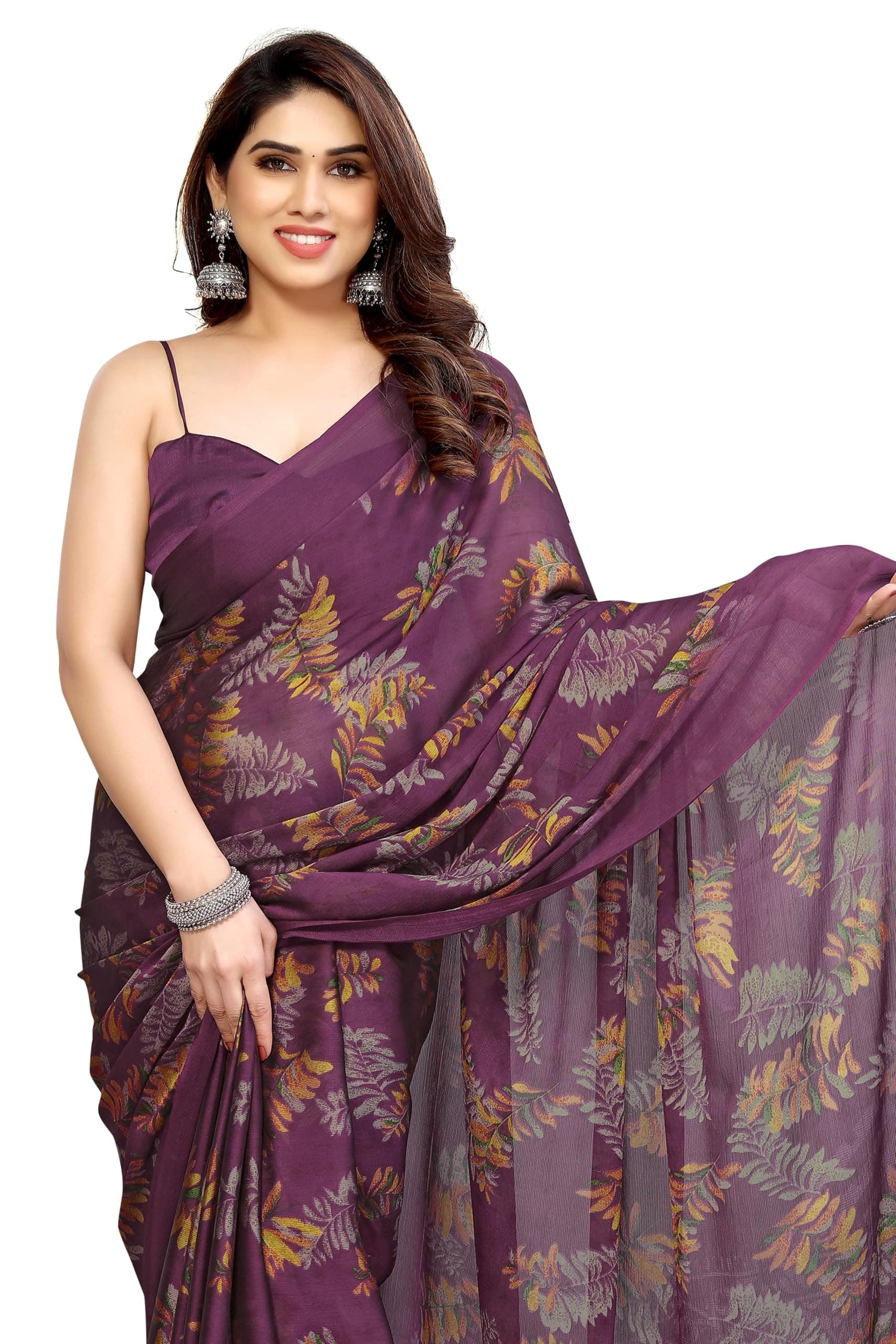 Women's Chiffon Georgette Floral Printed Saree with Blouse Piece (39821-Magenta, Beige)