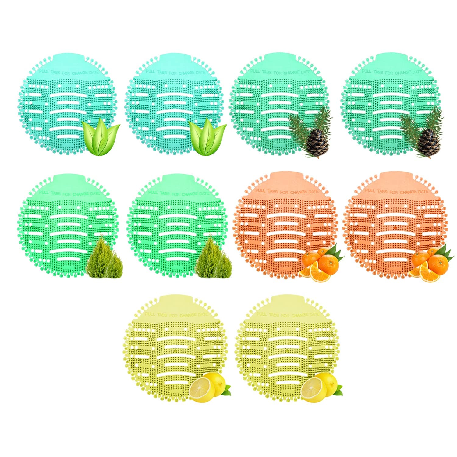 Zureni Urinal Screen Fresh Scented Anti-Splash Toilet Mat Bathroom Deodorizer Spatter with Air Freshener for Restroom (Multicolor, Pine Lemon-Orange-Pine-Natural Breeze-Lemon Fragrance, 10 pcs)