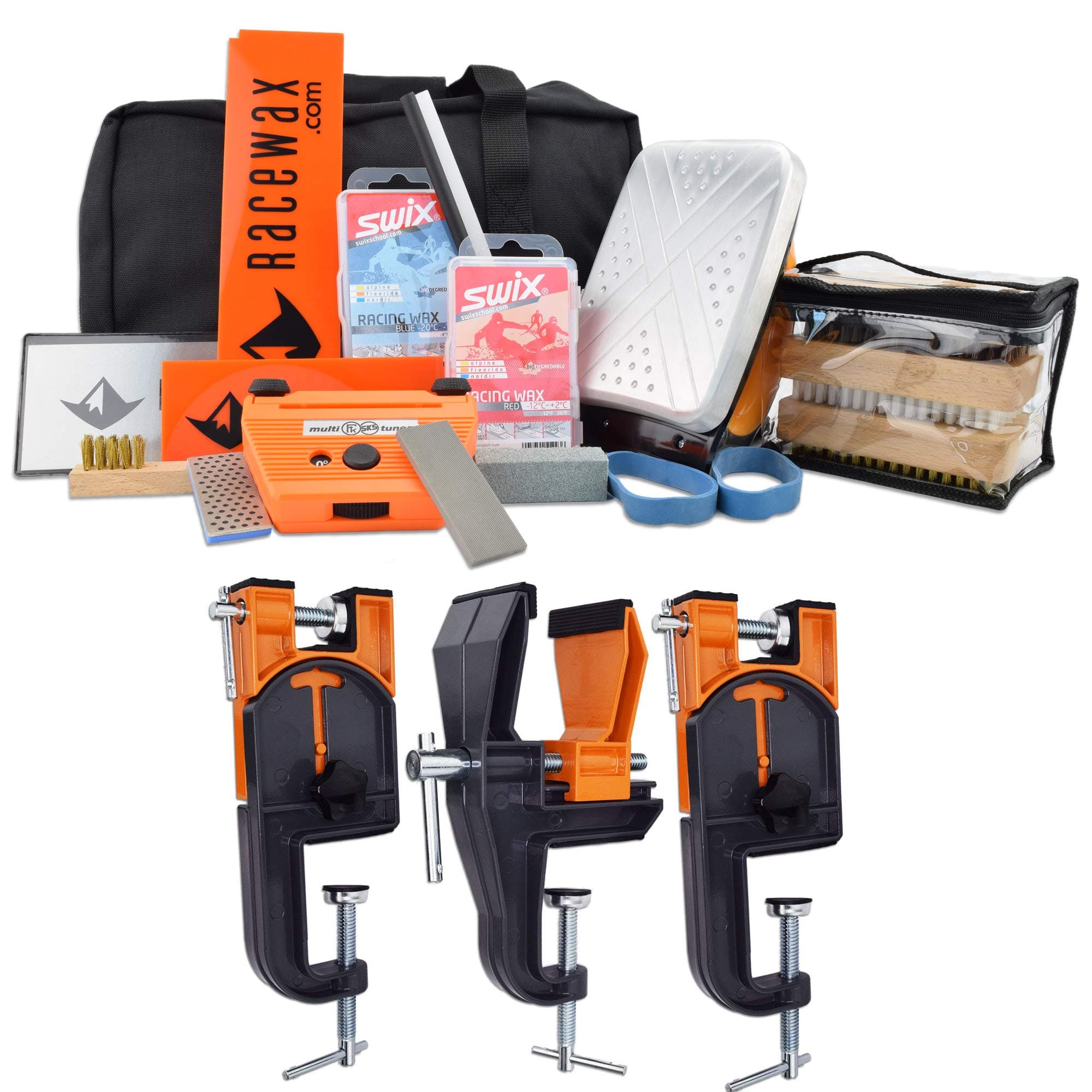 RaceWax Complete Ski Wax Tuning Kit Plus Ski Vise (Accepts Snowboard Adapter)