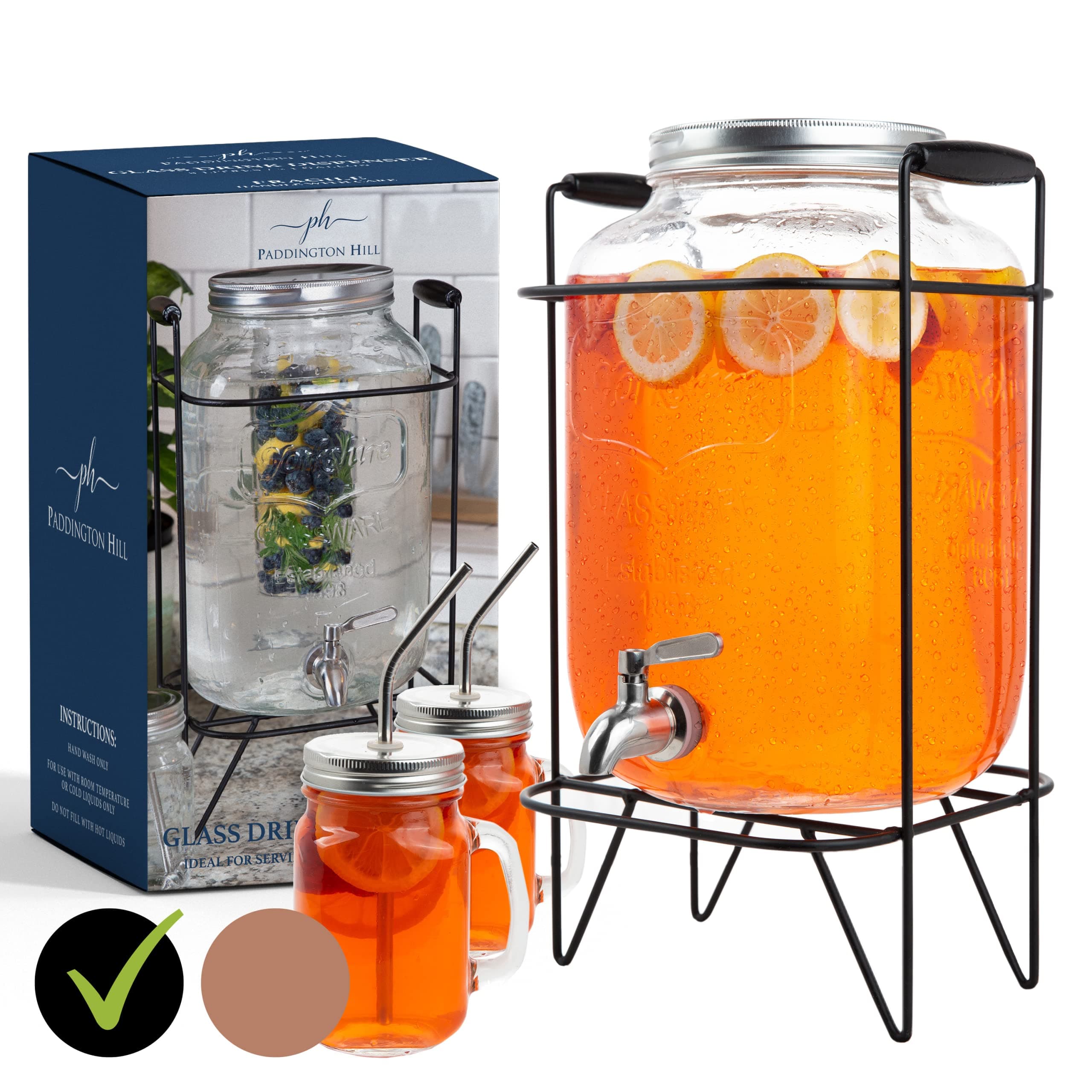 2 gallon glass drink dispenser with stand and 2 mason jars and stainless steel spigot and fruit infuser beverage dispenser drink dispenser for parties drink dispenser with spigot
