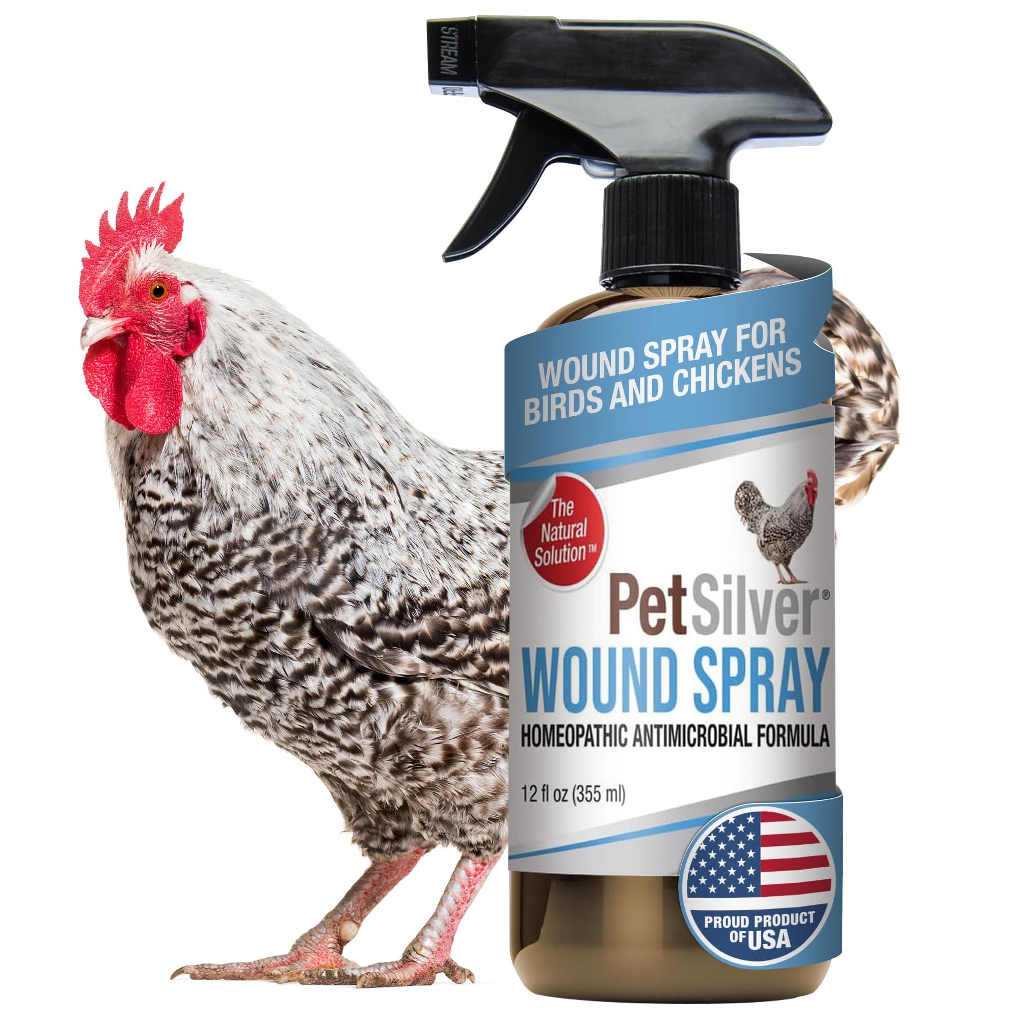 Wound Spray Chicken & Bird Formula with Chelated Silver - NOT Colloidal silver, Healing Aid for Pecking Sores, Bumble Foot, Cuts, Wounds, Burns, and Skin Irritations, Made in USA, 12 fl. oz.