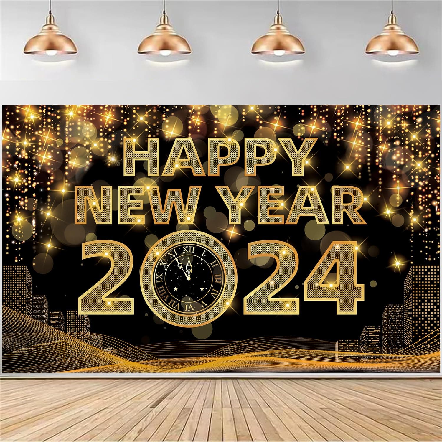 Xtra Large Happy New Year Banner - New Year Eve Party supplies 2024 New Year Decorations, Black Gold NYE Decorations Backdrop Banner for 2024 New Year Decorations, Happy New Year Decorations