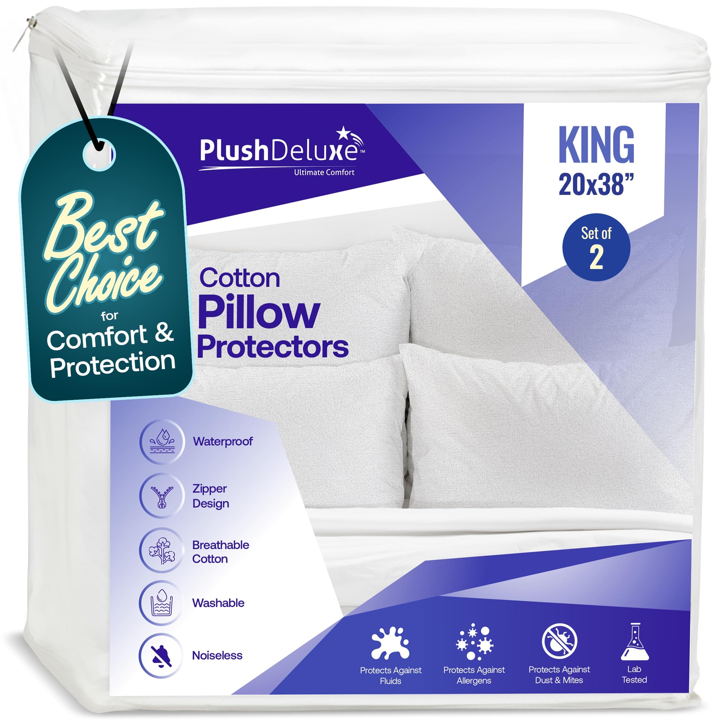 PlushDeluxe King Premium Pillow Protector 100% Waterproof,Vinyl Free, Bed Bug/Dust Mite Proof And Hypoallergenic Soft Cotton Terry (set of 2) 10 Year Warranty