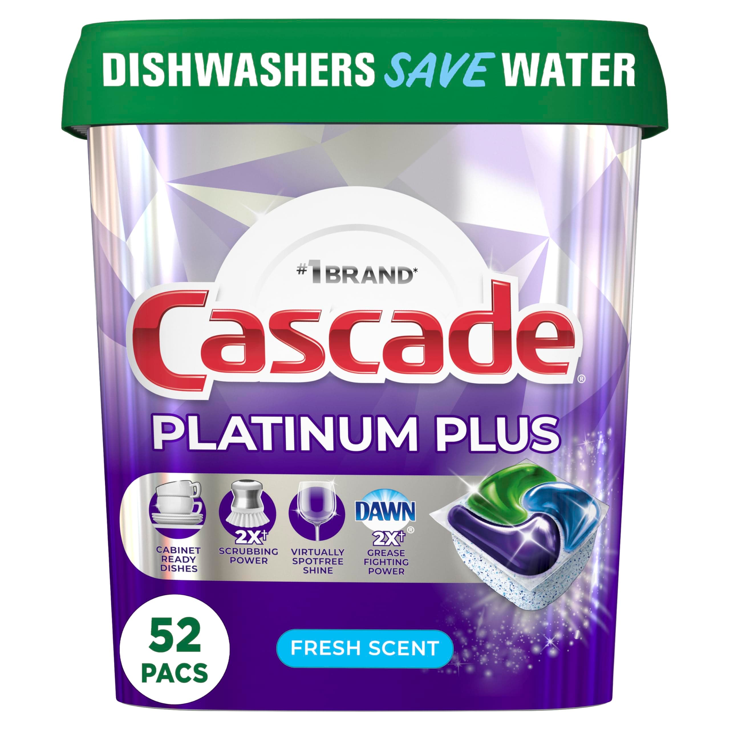 Cascade Platinum Plus Dishwasher Pod, Dish Detergent ActionPacs, Dishwasher Detergent, Fresh, 52 Count