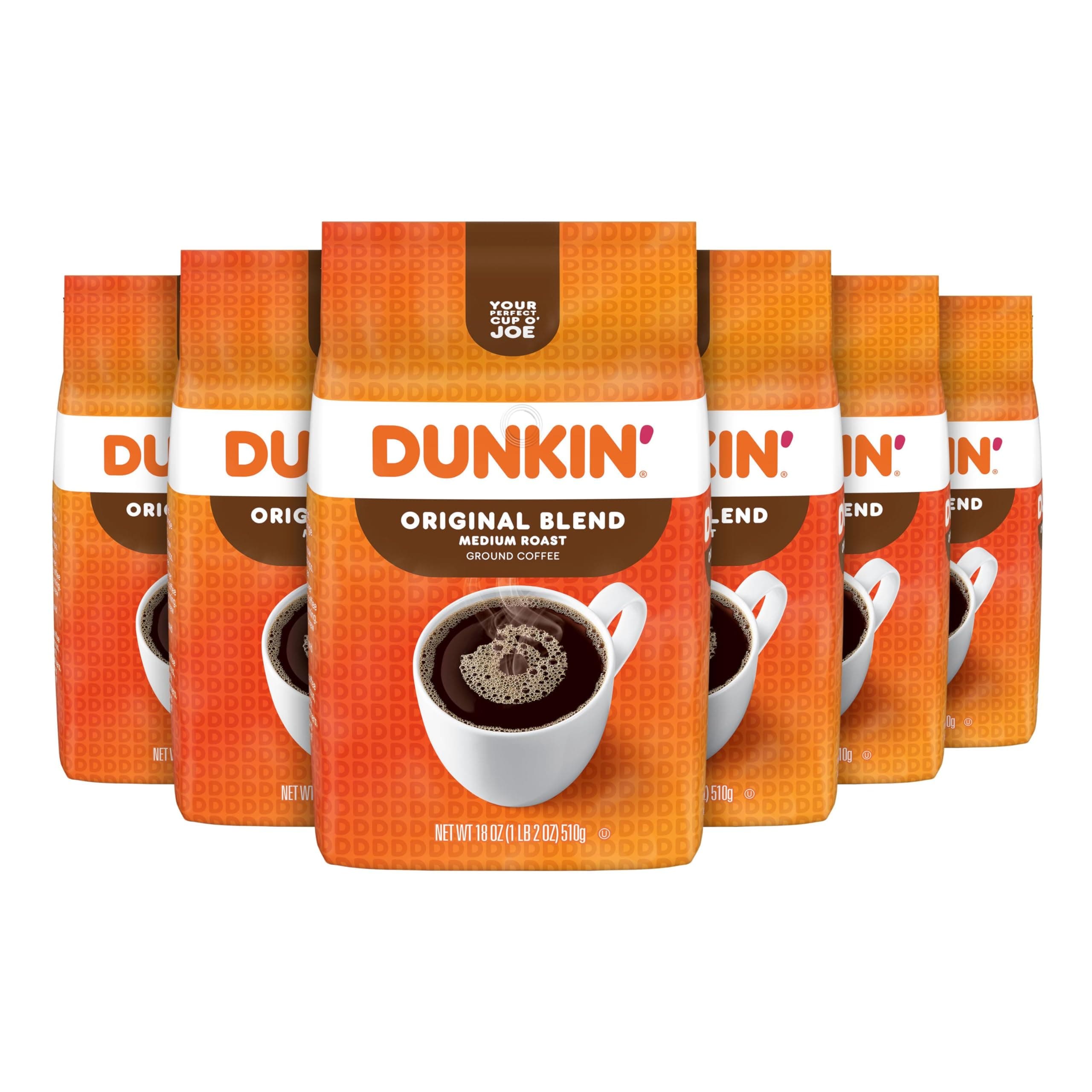 Dunkin' Original Blend Ground Coffee, Medium Roast, 18 Ounce Bag, 6 Count