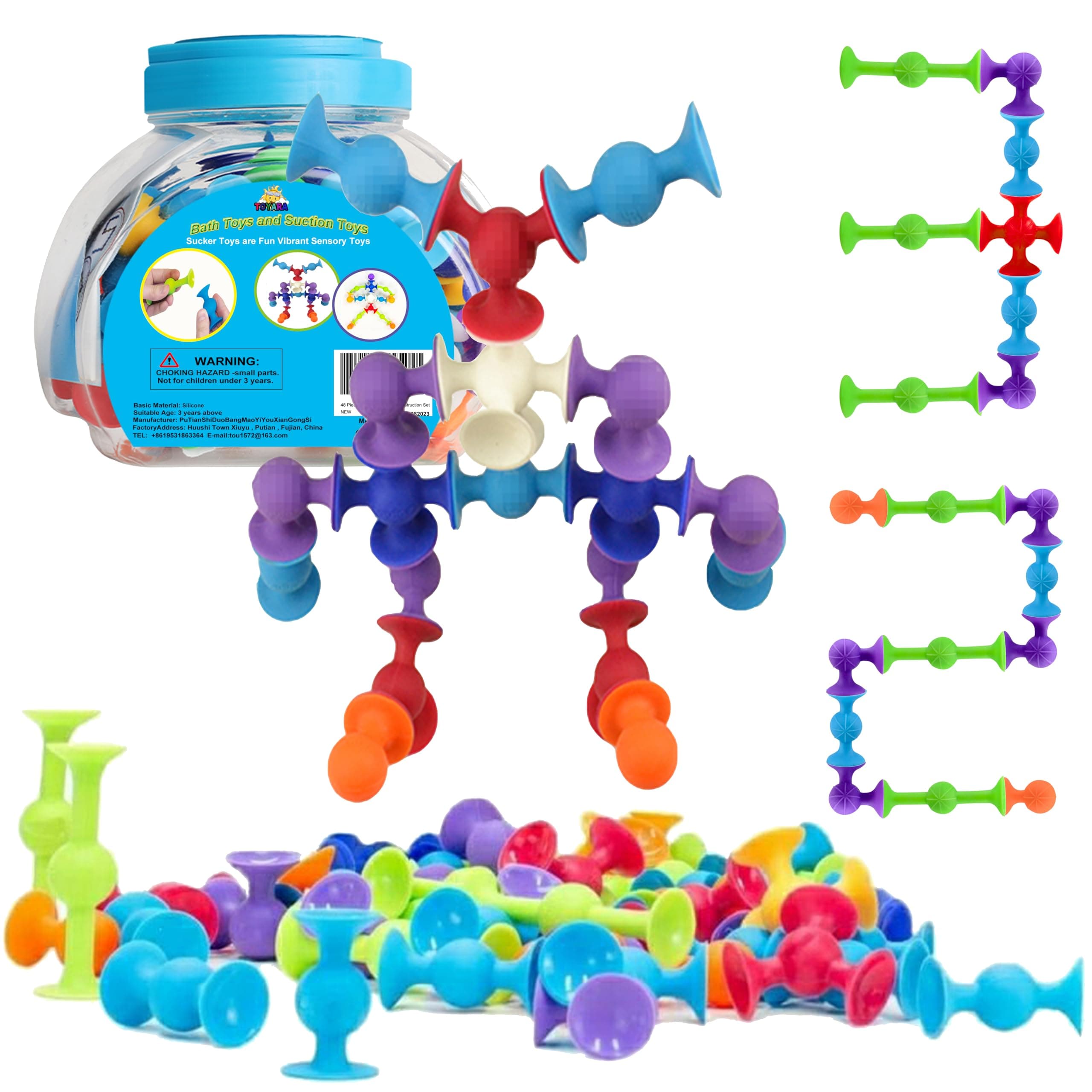48 Piece Suction Cup Toys Construction Set, Silicone Building Blocks DIY Blocks - Sucker Toy are Fun Bath Toys, Fidget Toys for Toddlers 3-5 Old Boys and Girls