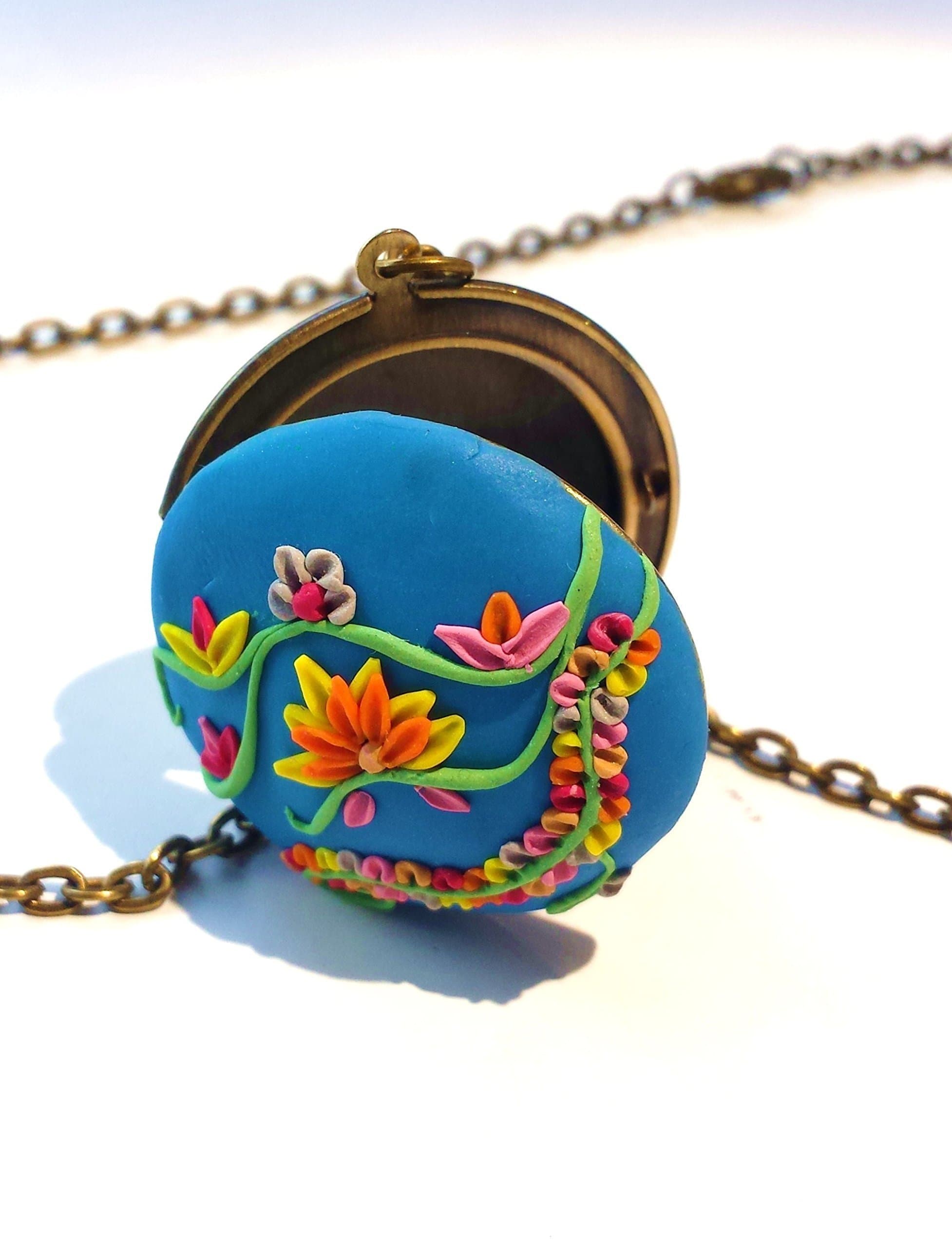 Turquoise Lotus Picture Memory Locket Necklace with Antique Bronze Base and Chain, Bohemian Floral Necklace Handmade with Polymer Clay, Valentines Day Gift Idea for Mom