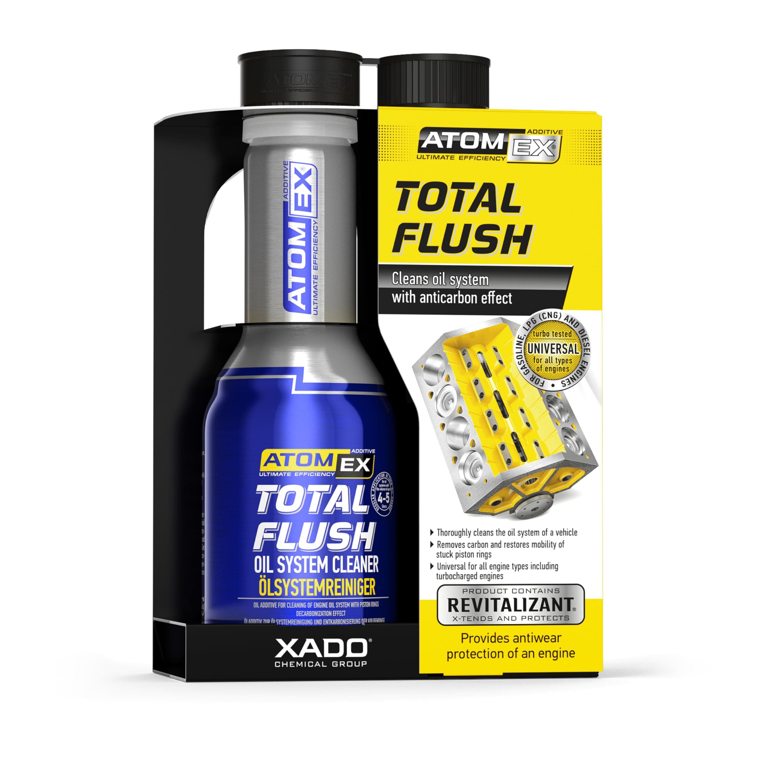 XADO Engine Oil System Cleaner with Anti-Carbon Effect - Removes Contamination & Engine Sludge - ATOMEX Total Flush Revitalizant (Bottle, 250ml)