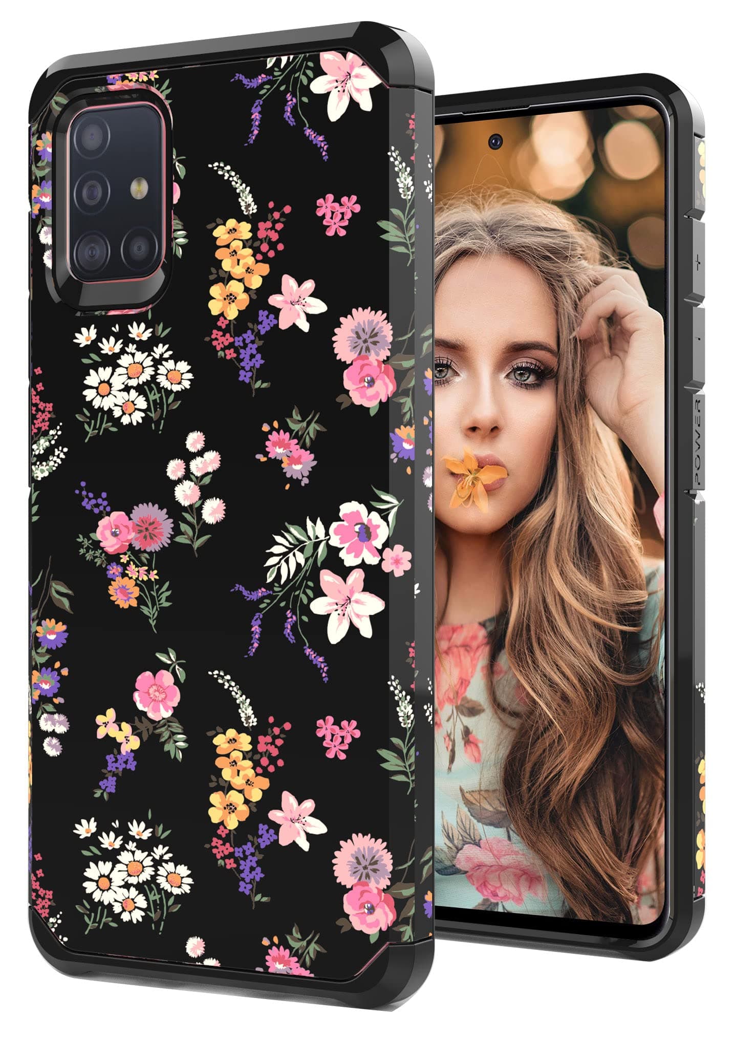 MGAH Galaxy A51 4G Case with Flowers Design,Samsung A51 4G LTE Phone Case,Hybrid Dual Layer Armor Protective Cover Flexible Sturdy Anti-Scratch Shockproof Cute Case for Women and Girls-Floral/Black