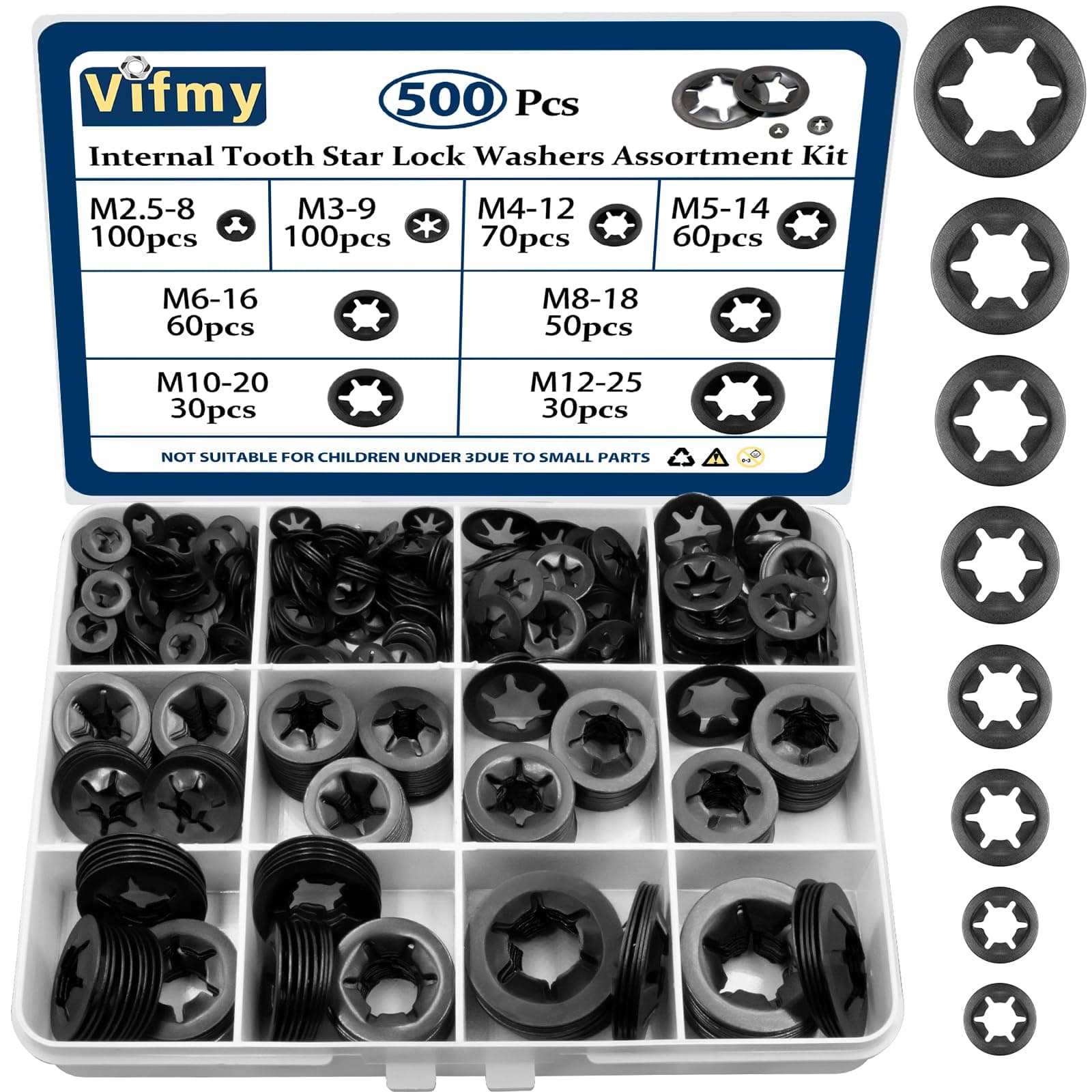 500PCS Internal Tooth Star Lock Washers, M2.5 M3 M4 M5 M6 M8 M10 M12 Push Nuts Assortment, Quick Speed Starlock Washers Assortment Kit, Steel Black Oxide Finish Push on Locking Washer
