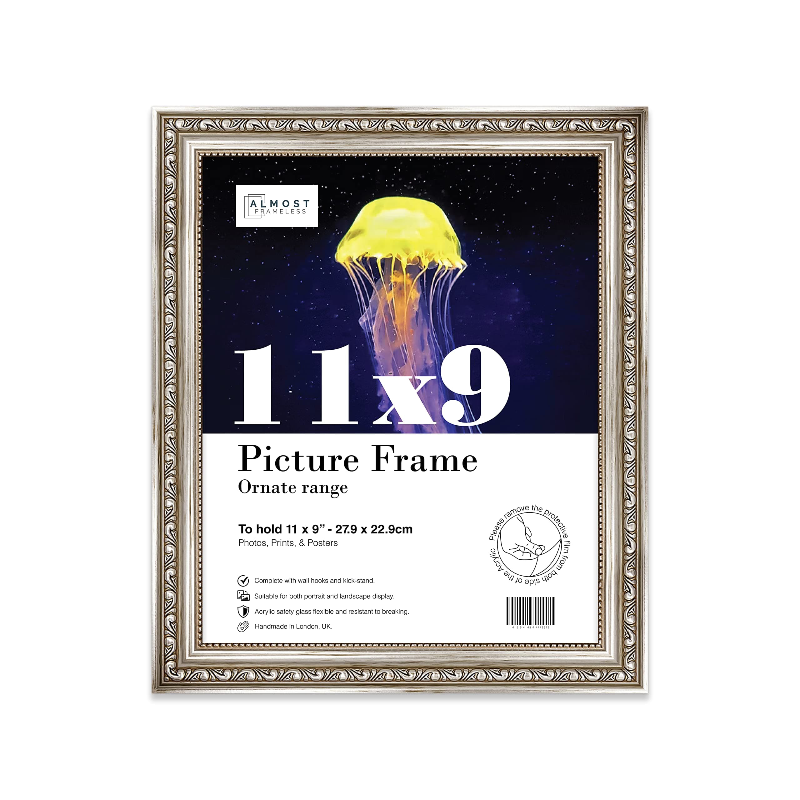 11x9 Silver Ornate Picture Frame 11"x9"(27.9x22.9cm) Poster, Photo, Artwork, or Print. Opulent Style Portrait and Landscape Display with Wall Hooks