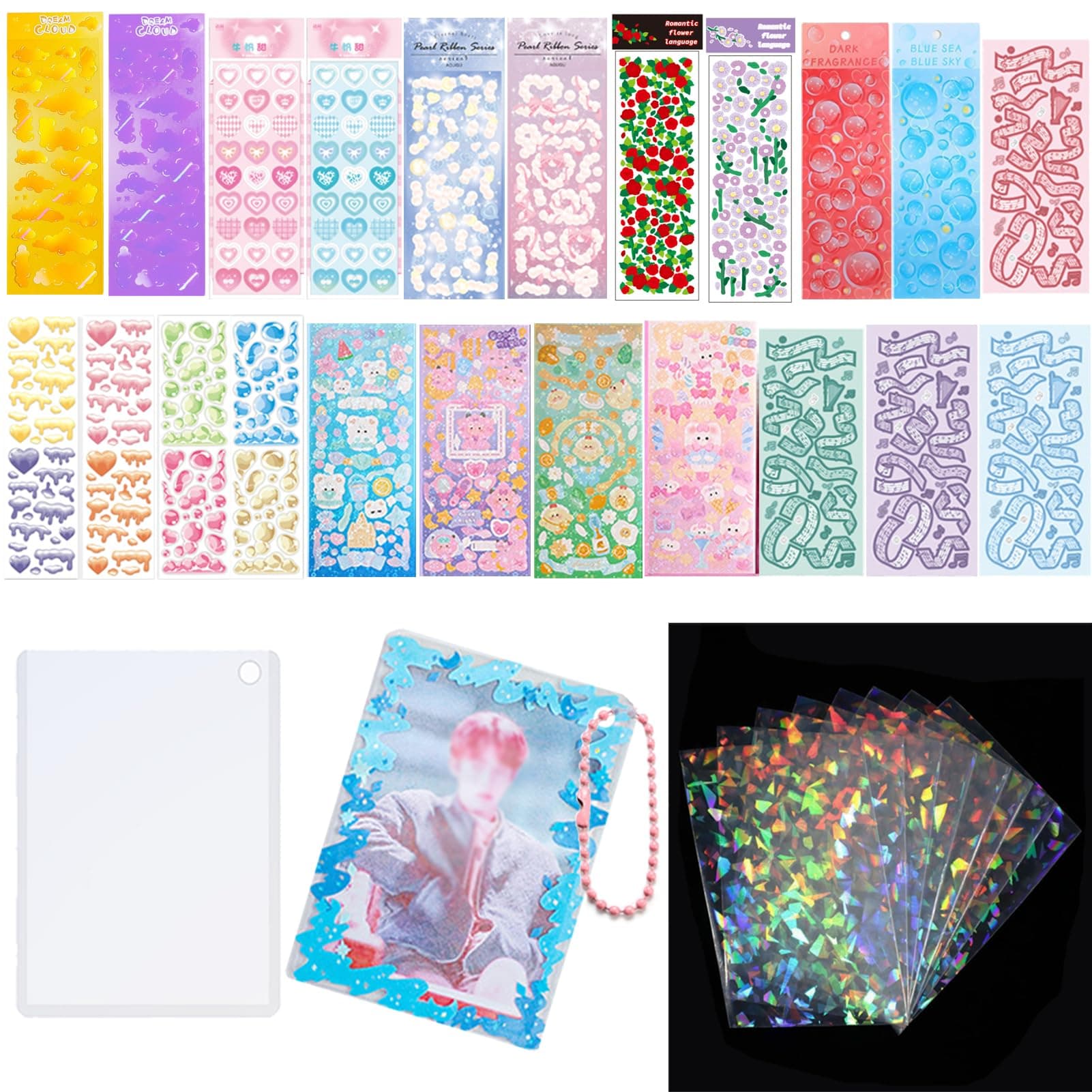 6 Kpop Photocard Holder Keychain Toploaders,50 Holographic Card Sleeves for Trading Cards Kpop Photocard,22 Ribbon Deco Korean Stickers for Photocards Binder Album Scrapbooking Top Loader