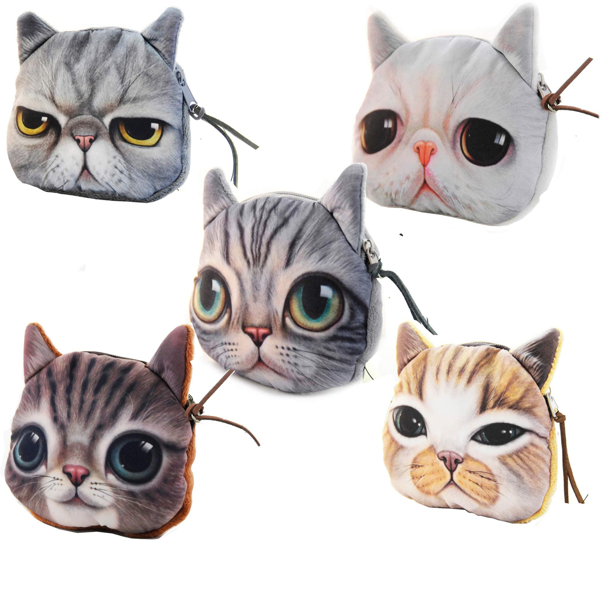 Hoxis Adorable 3D Cat and Dog Face Plush Coin Purse (5 pieces, Small)