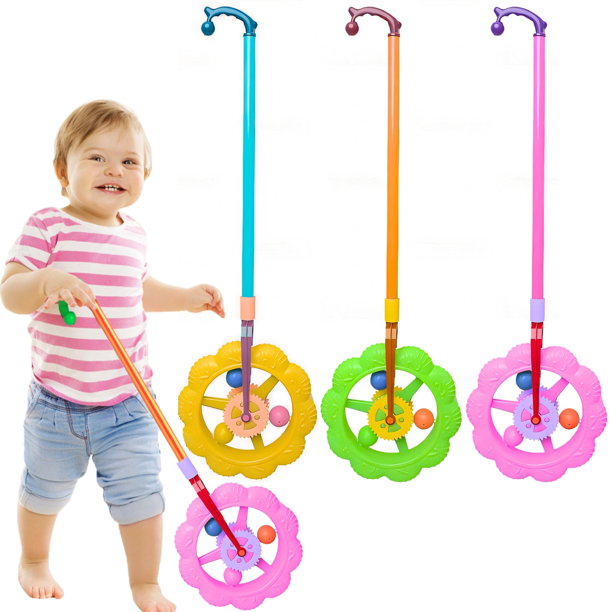 3pcs Super wheel, push and pull hand wheel for kids, For 12 Months & Up, Single Wheel Push Run Toy with Handle, Early Development and Activity toy - Multicolor