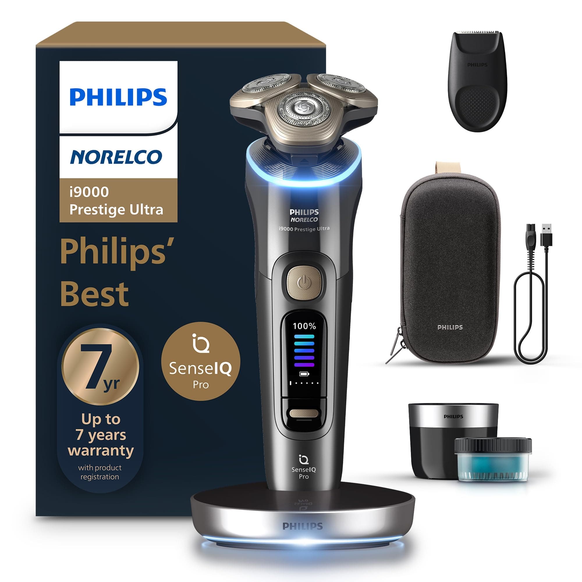 Philips Norelco Shaver i9000 Prestige Ultra, Wet & Dry Electric Shaver, Dark Slate, SenseIQ Pro Technology, Triple Lift & Cut System, 360 Rotating NanoTech Precision Blades, Quick Clean Pod, XP9402/86