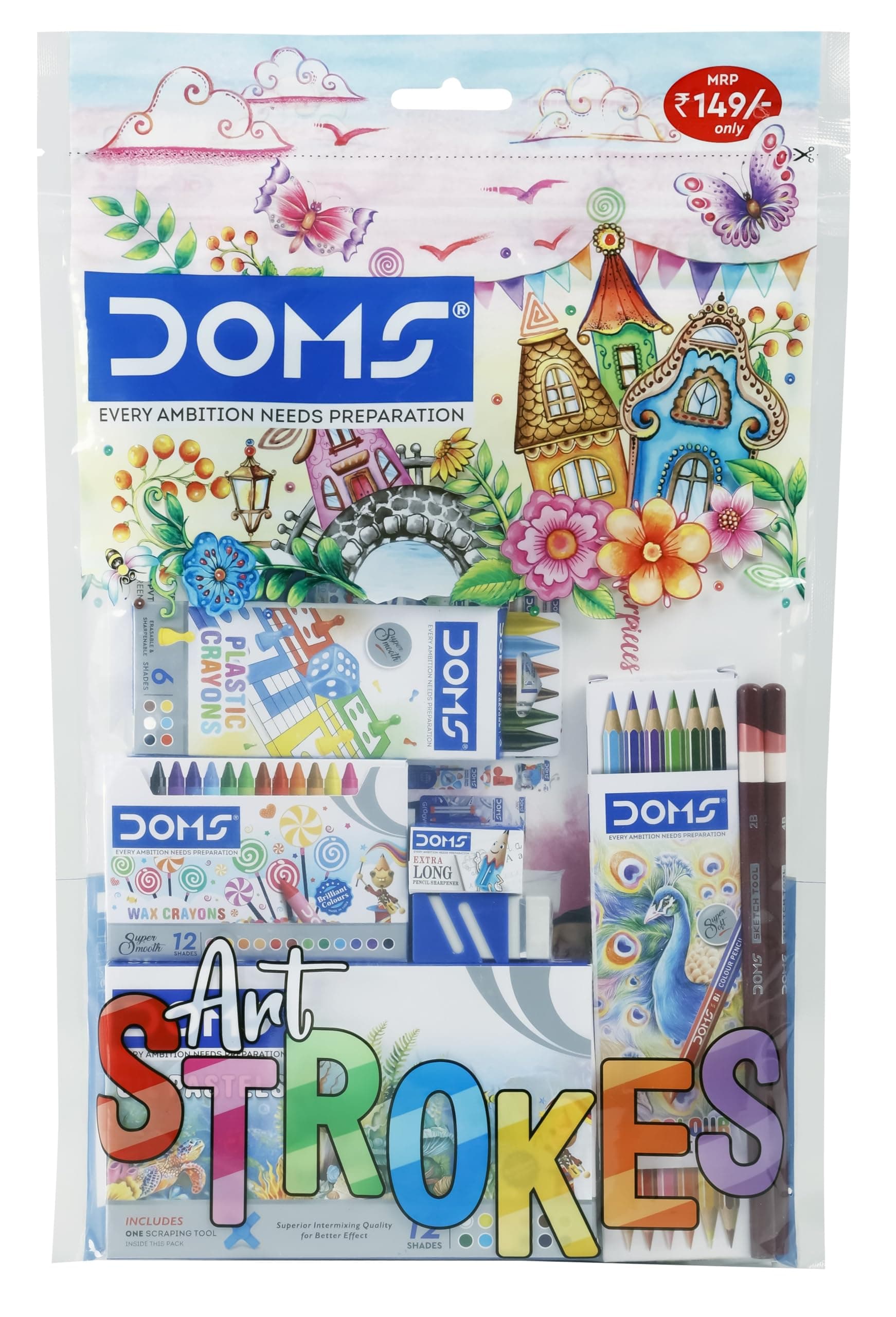 Doms Art Strokes Kit | Perfect Value Pack | Kit for Creative Minds | Gifting Range for Kids | Combination of 10 Stationery Items | Pack of 1
