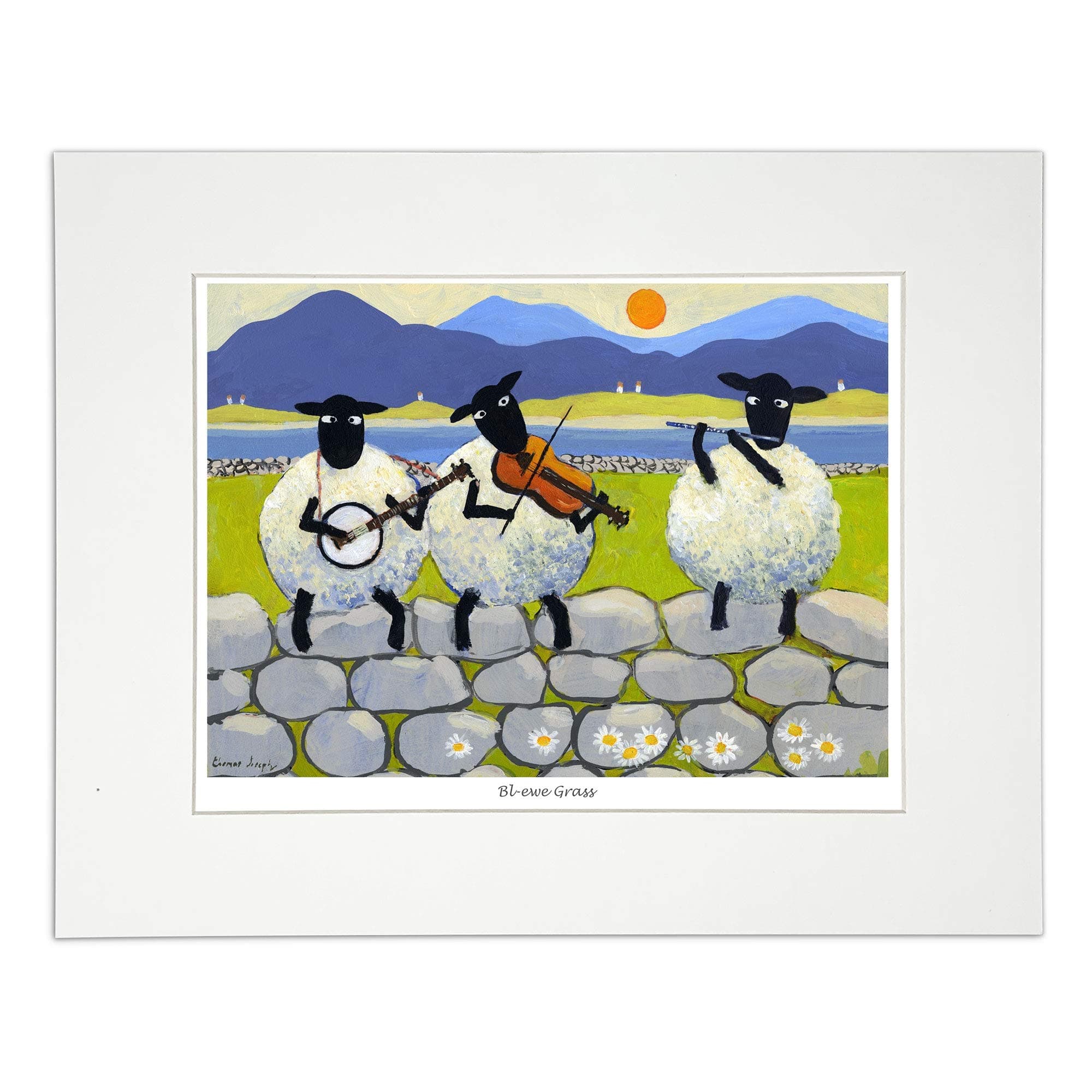 'Bl-ewe Grass' Mounted Print by Thomas Joseph - Sheep Art