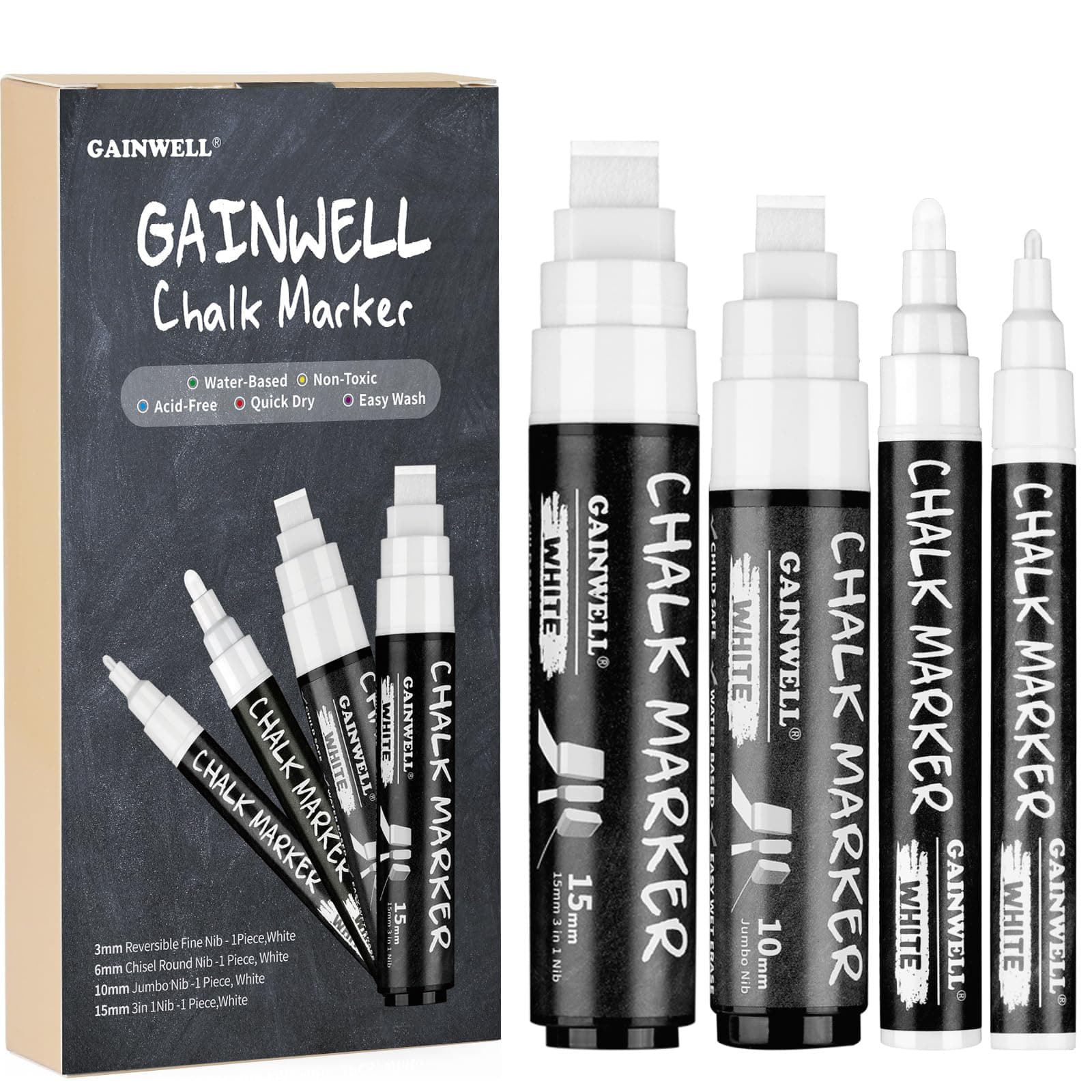 GAINWELL 4 Pack White Chalk Markers - Reversible Jumbo and Fine Tips - 3mm, 6mm, 10mm, 15mm - Use on Chalkboard, Whiteboard, Glass