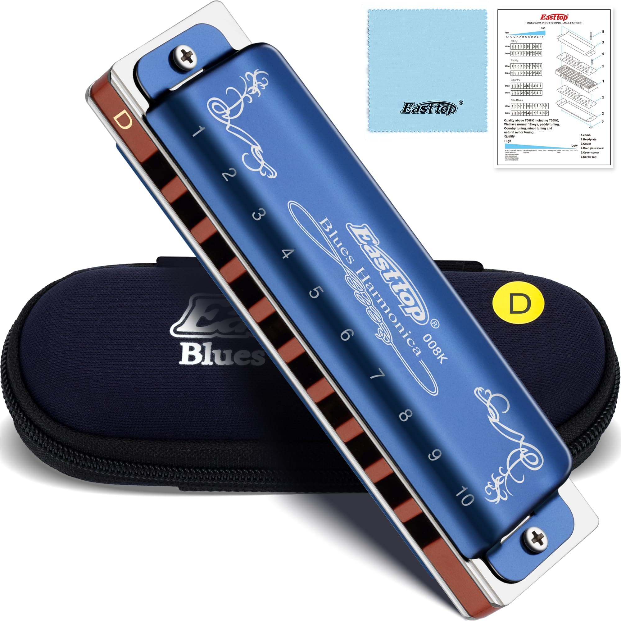 East top Diatonic Harmonica Key of D, 10 Holes 20 Tones 008K Diatonic Mouth Organ Harmonica with Blue Case, Standard Harmonica For Adults, Professionals and Students