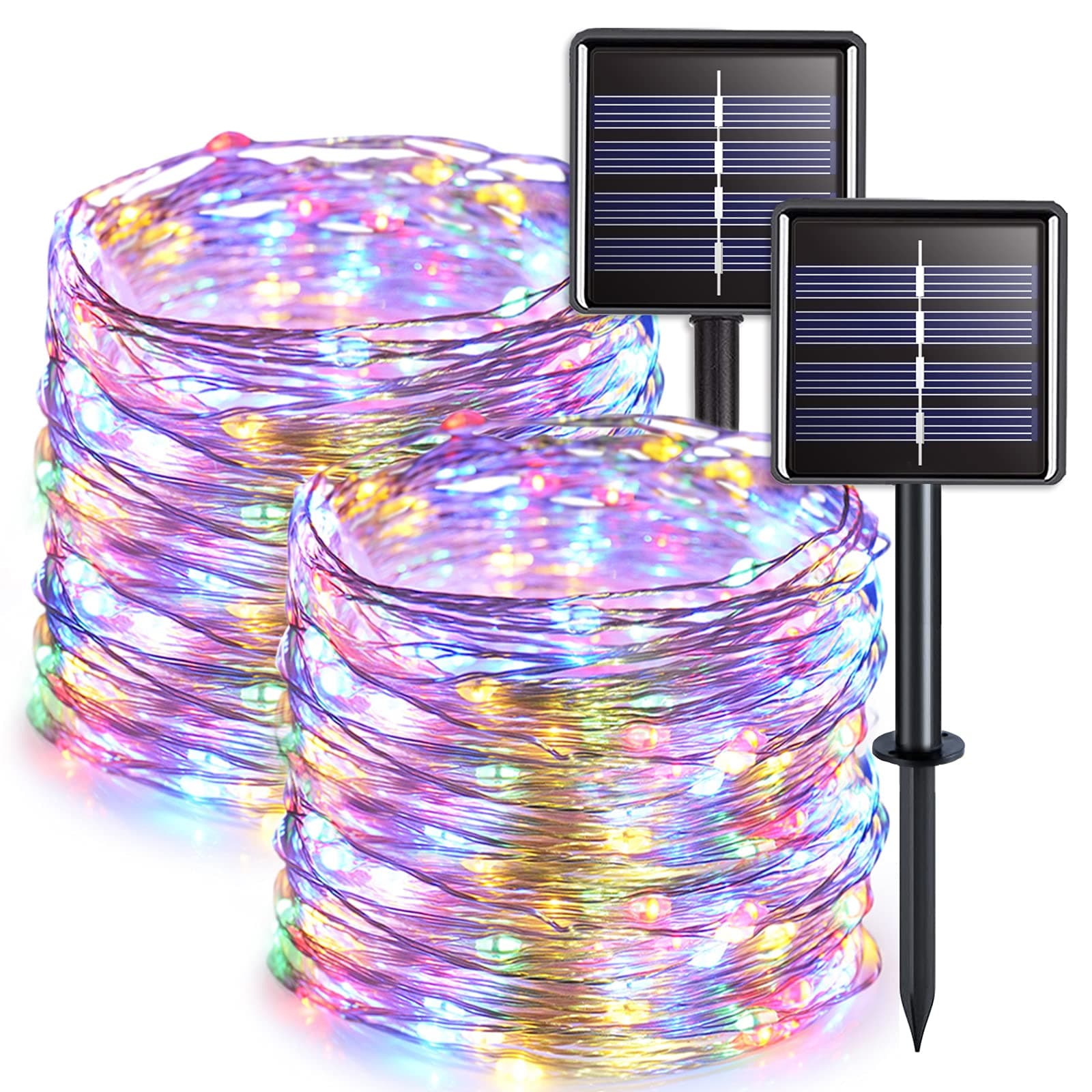 JMEXSUSS 2 Pack Solar Christmas Lights Outdoor Waterproof, Each 33FT 100 LED Multi Colored Solar Fairy Lights, 8 Modes String Light for Outside Yard Patio Tree Garden Christmas Decorations