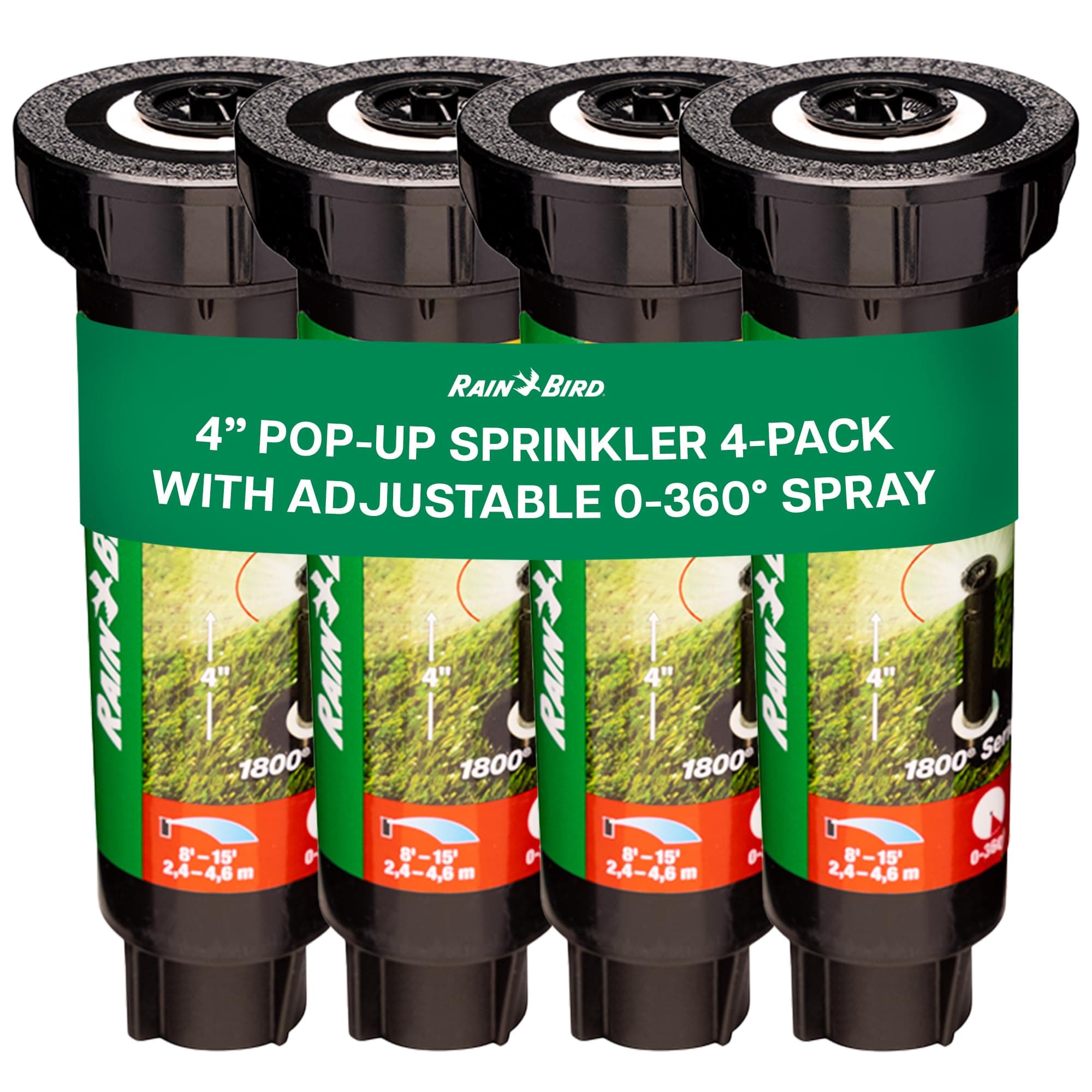 1804VAN 1800 Series Professional 4 Inch Pop Up Sprinkler Head, 4 Pack - Lawn Sprinkler with Adjustable 0-360 Degree Arc Nozzle Pattern, Up to 15 Ft Spray Distance, 1/2 in NPT Threaded Inlet