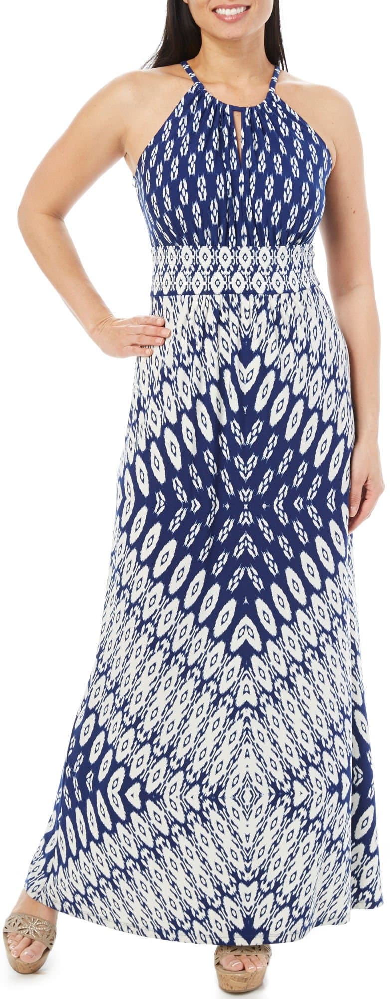 London Times Petite Diamond Print Maxi Dress-10 Petite Navy Blue