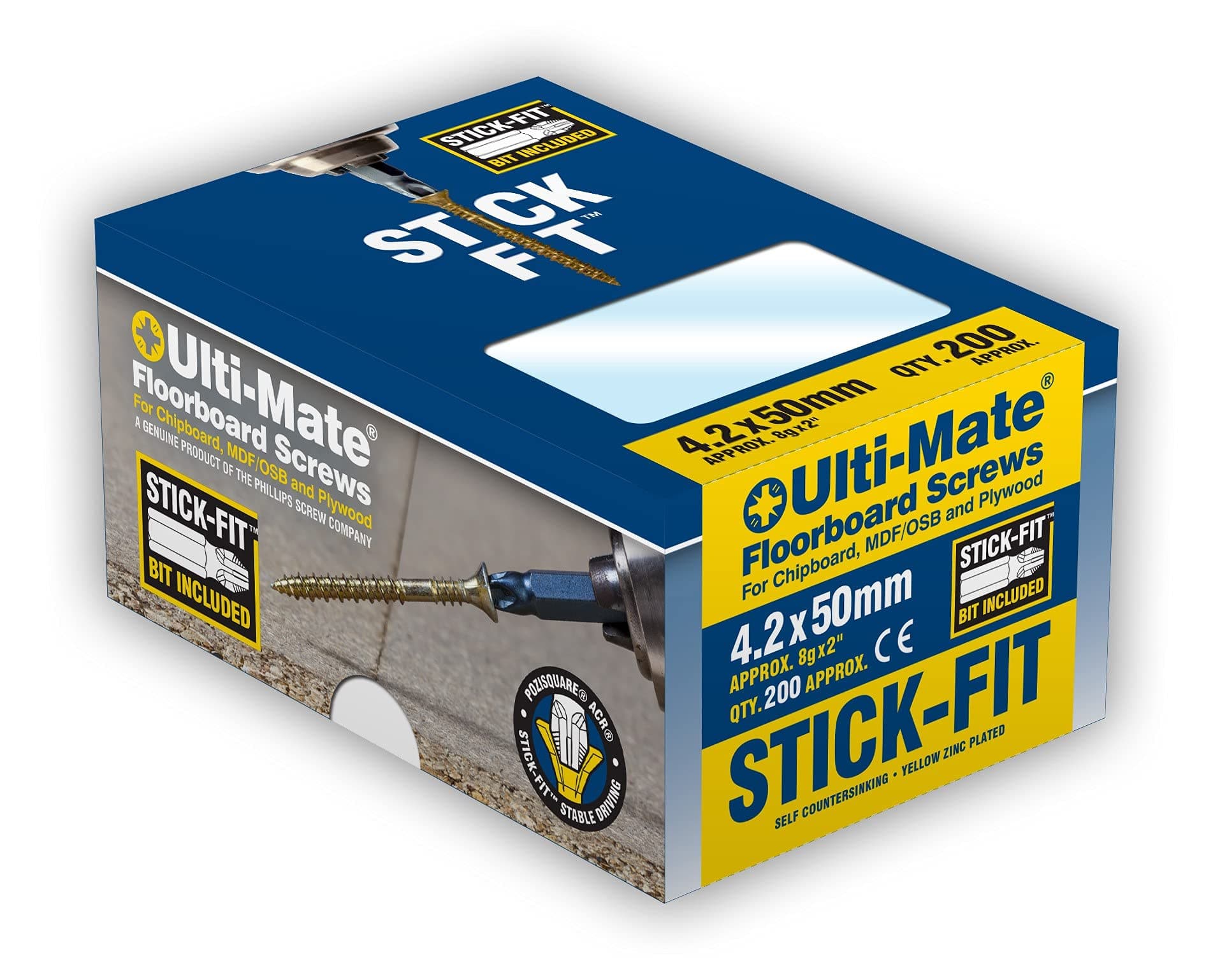Phillips Ulti-Mate FB42050 Stick-Fit Floorboard Screws - 4.2 x 50mm - Box of 200, Zinc & Yellow