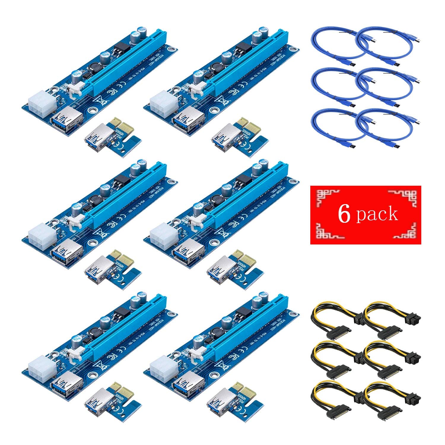 Yang Xiaoke 6-Pack PCIE Riser VER 007 PCI Riser 6 PIN 1x to x16 Powered Riser Adapter Card w/ 60cm USB 3.0 Extension Cable & PCI-E to SATA Power Cable - GPU Riser Adapter