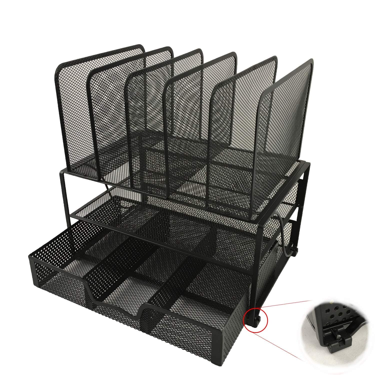 Desk Organiser in Black Metal mesh. Sturdy Organizer with Non-Skid and Anti-Scratch feet. Elegant Design. Drawer for Office Supplies. 1 Horizontal Tray and 5 Upright Sections for Document and Letter