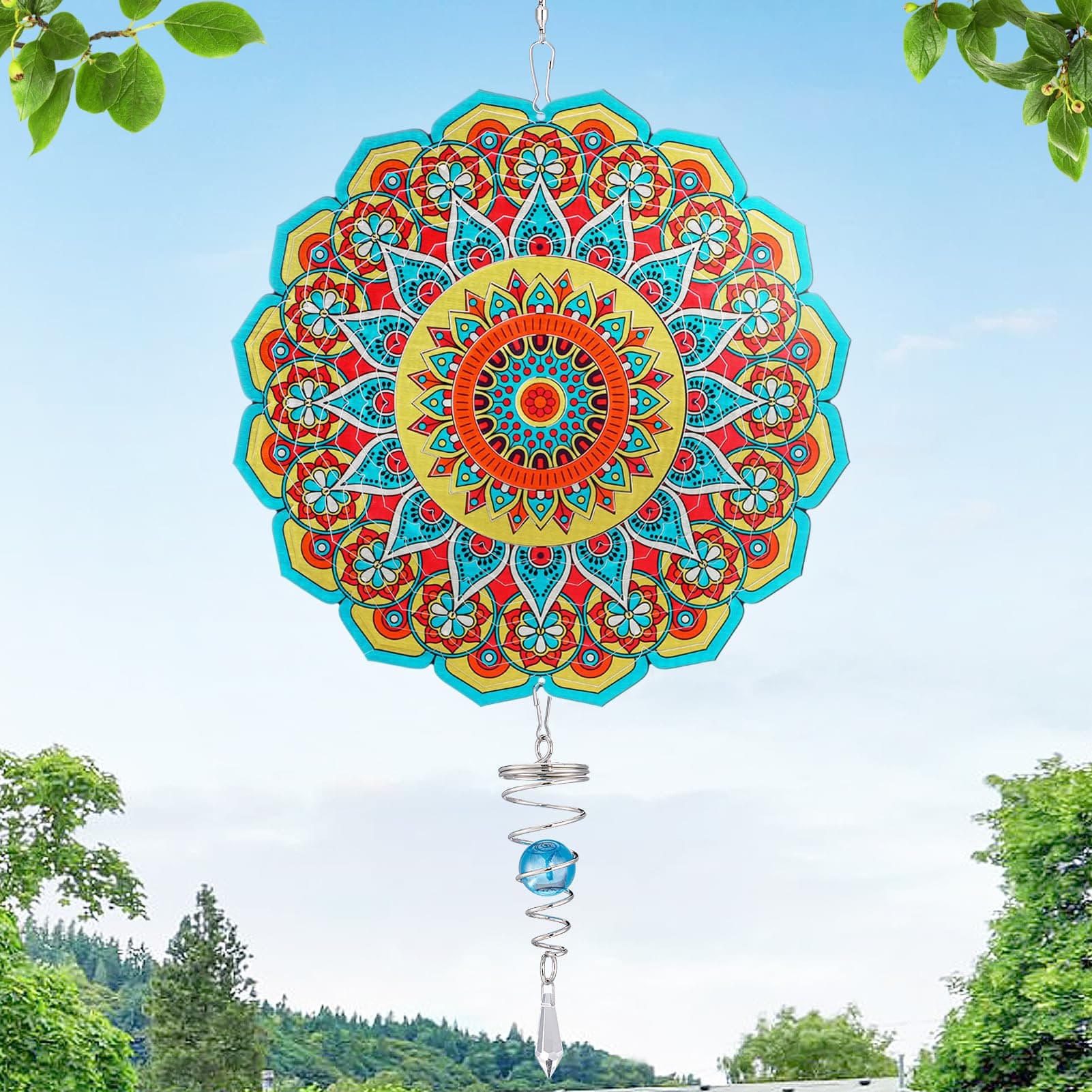 曼荼羅風スピナー – 3Dステンレススチールガーデンスピナー ブルーボールスパイラルテール付き キネティックハンギングウィンドキャッチャー彫刻 屋内/屋外/庭/アート/窓の装飾に