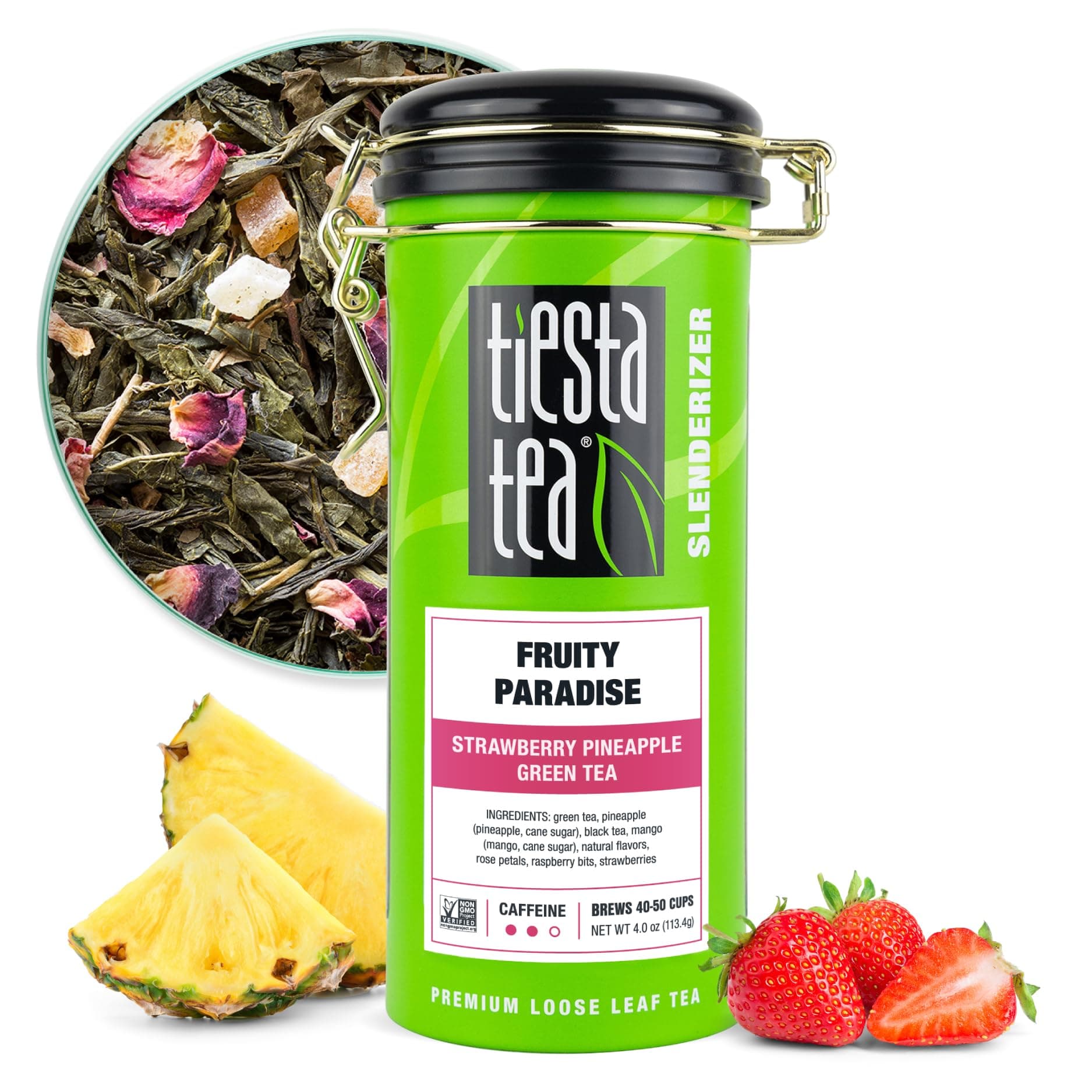 Tiesta Tea - Fruity Paradise, Loose Leaf Strawberry Pineapple Green Tea, Medium Caffeine, Hot & Iced Tea, 4 oz Tin - 50 Cups, Green Tea Loose Leaf