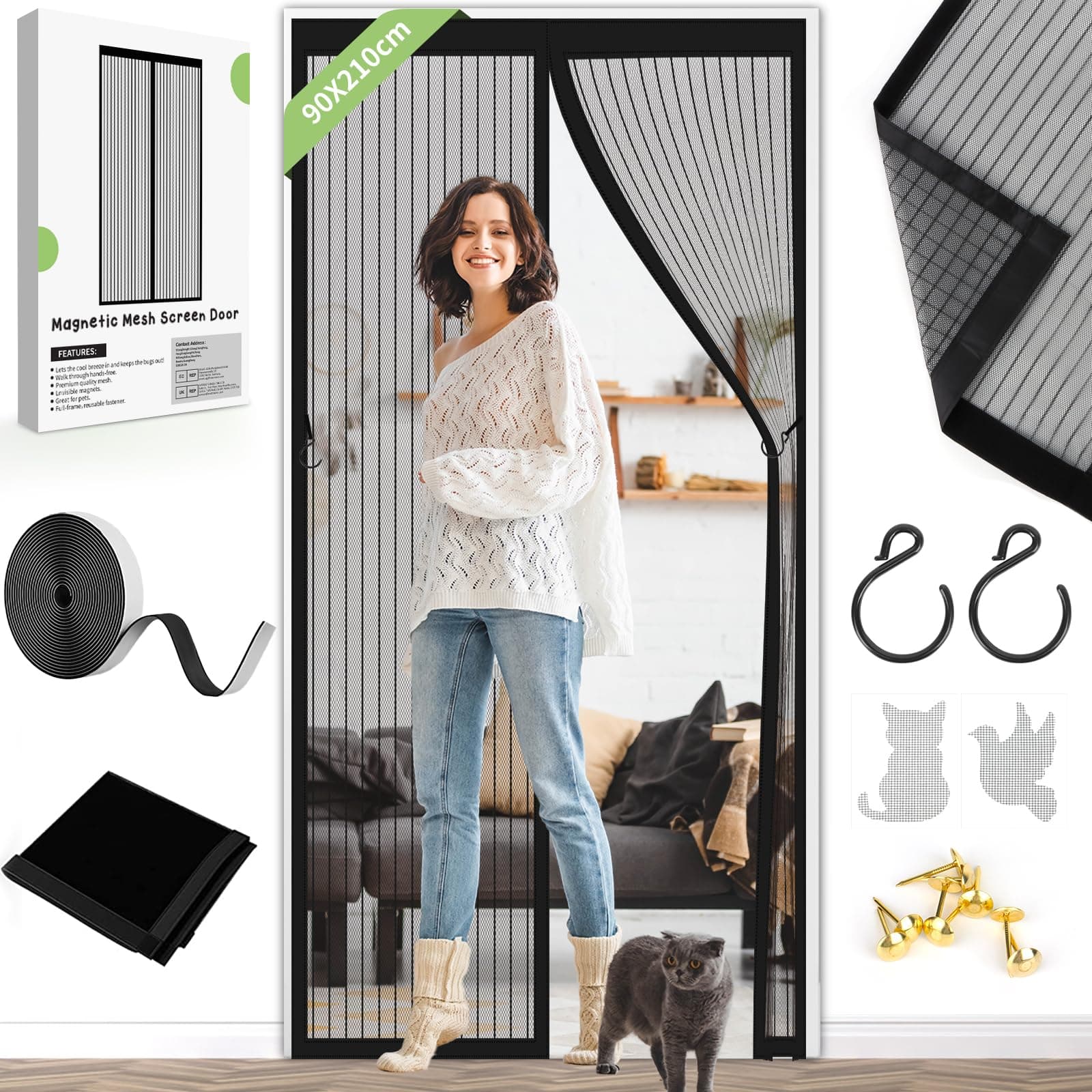 Magnetic Fly Screen Door Curtain - Fly Curtains 90X210cm for Doors with Powerful Magnets and Full Frame Magic Tape, Fly Nets for Doors without Drilling, Suitable for Patio Doors Balcony Bedroom