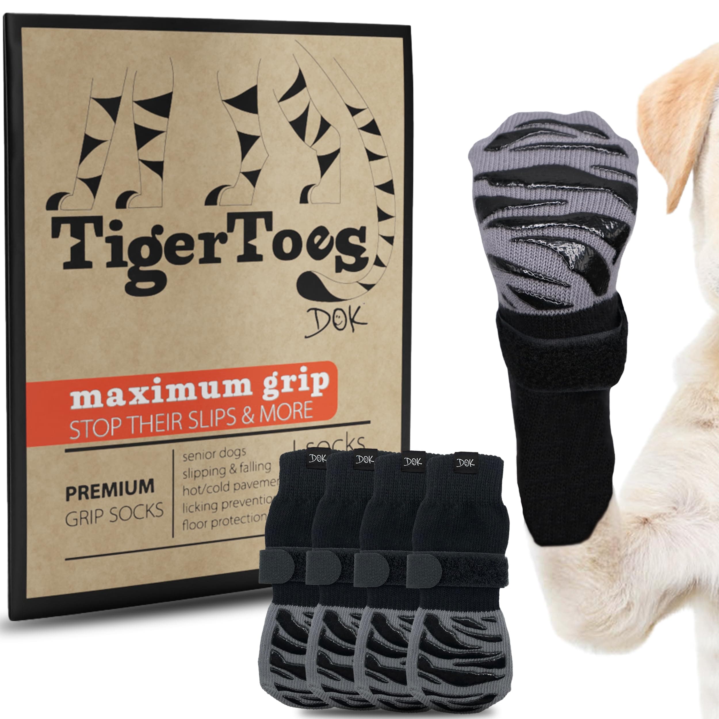 DOK TigerToes Premium Non-Slip Dog Socks for Hardwood Floors - Extra-Thick Grip That Works Even When Twisted - Prevents Licking, Slipping, and Great for Dog Paw Protection (X-Small)