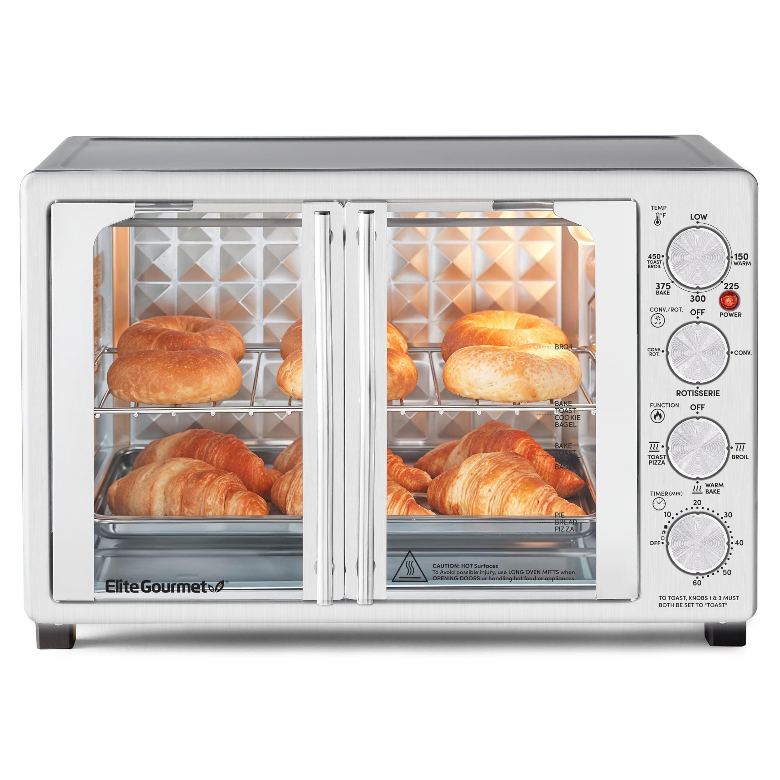 Elite Gourmet ETO4524 45L Countertop Convection Toaster Oven, French Doors, Adjustable Temperature & Timer, Bake, Roast, Broil, Roast, Toast, Includes Baking Pan,