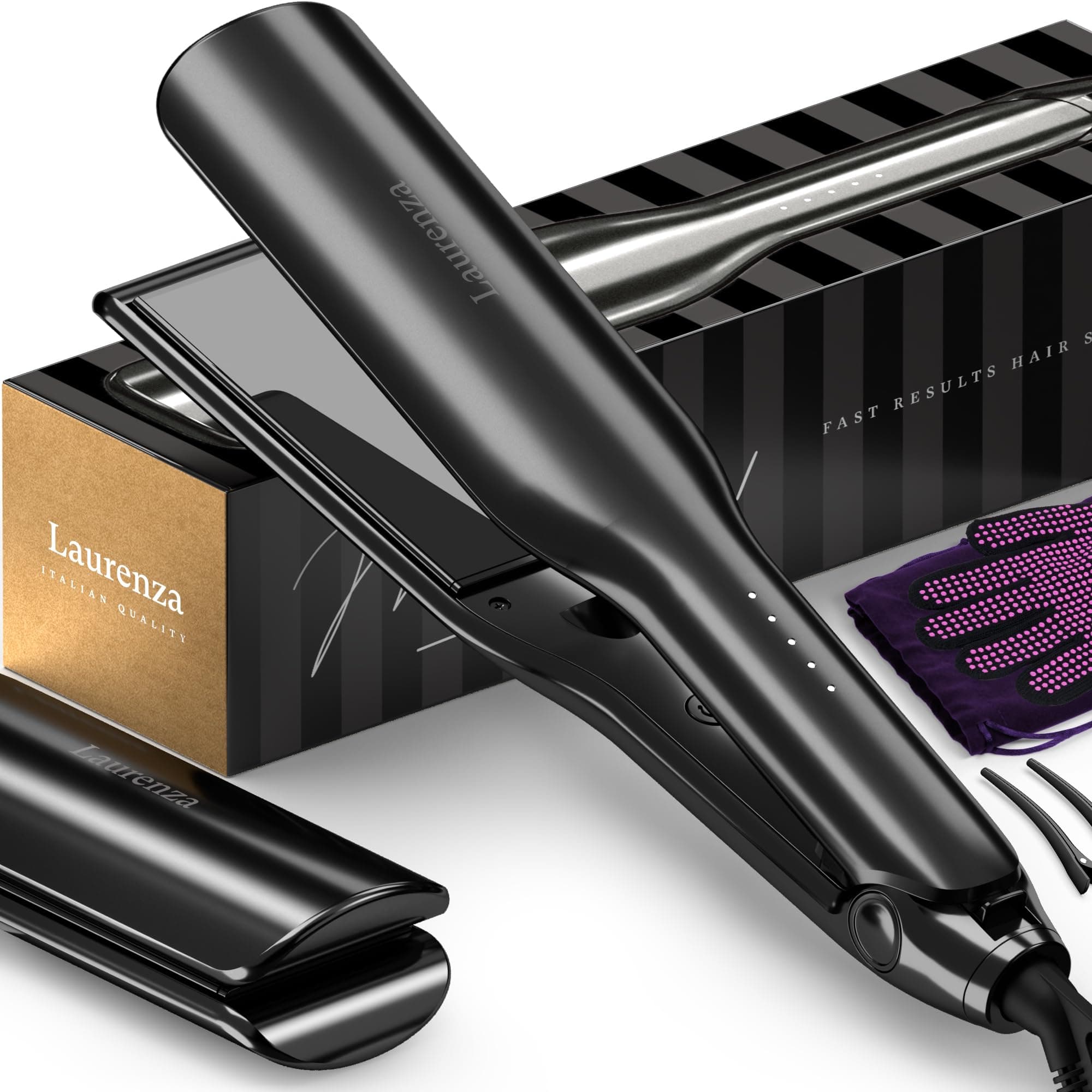 Laurenza Milano Hair Straightener and Curler 2 in 1, SuperMax Design 8.5 Inch² Extra-Large 3D Floating Ceramic Flat Iron, Dual Voltage Straightening Irons with 20 Million cm³ Anion Outlet (Black)