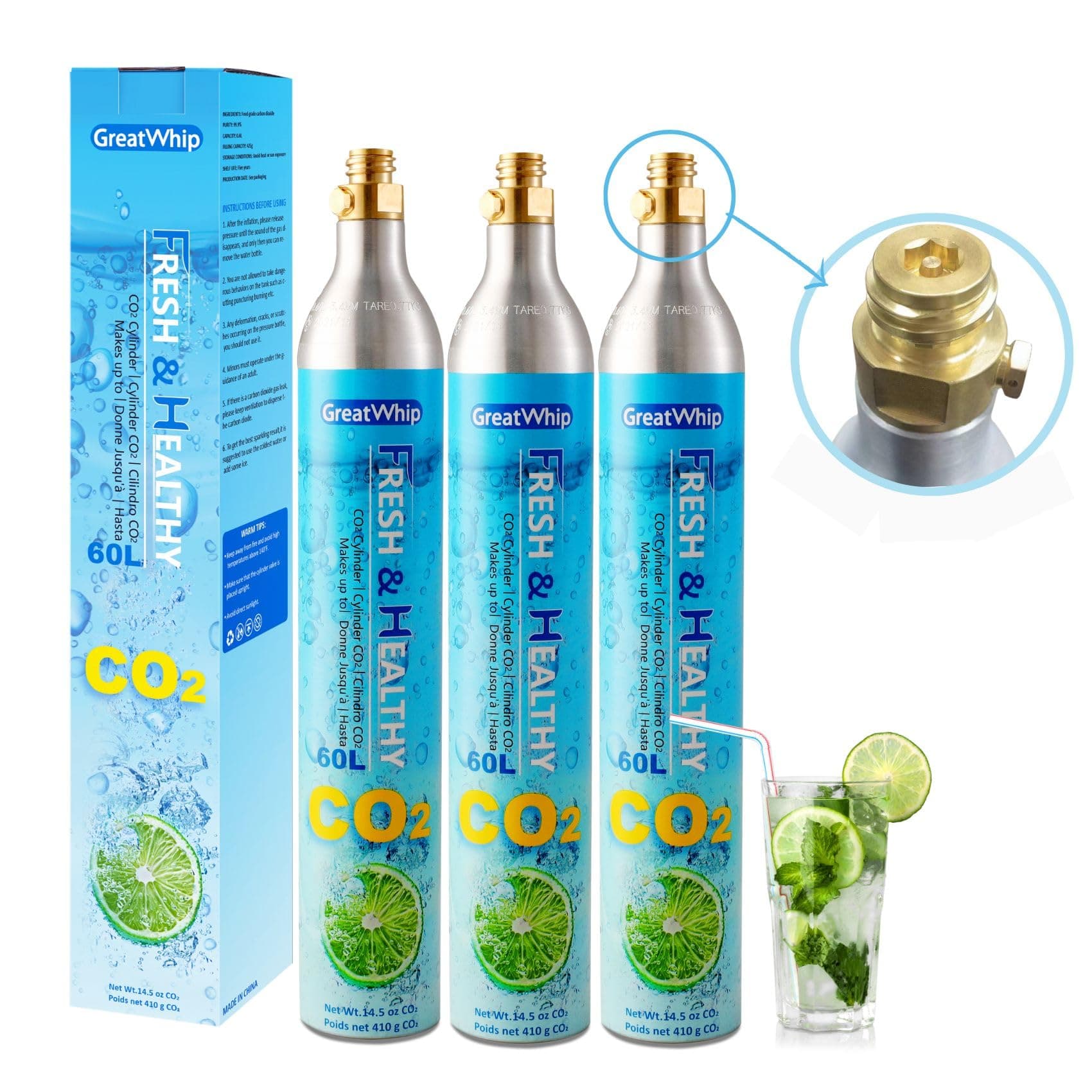 GreatWhip Threaded 60L CO2 Exchange Cabonation Cylinders, CO2 cartridges Gas Canister Refill Compatible for Sodastream (Screw-In), Set of 3