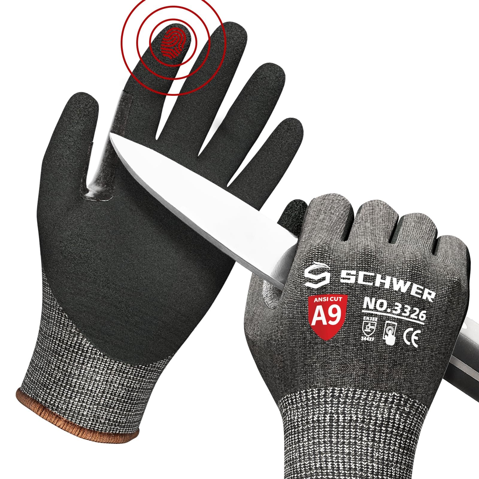 Highest Level Cut Resistant Work Gloves for Extreme Protection, ANSI A9 Working Gloves with Sandy Nitrile Coated, Touch-screen, Compatible, Durable, Machine Washable, Black 1 Pair（M）