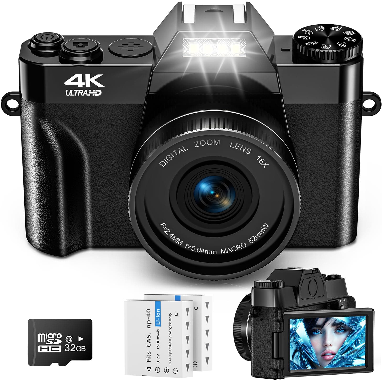 56MP 4K Digital Camera - UHD AutoFocus Vlogging Camera - 16X Digital Zoom 32G SD Card 2 1500mAh Batteries Compact Camera with 3.0 Inch 180° Flip Screen Camera for Teenagers, Beginners,Adults