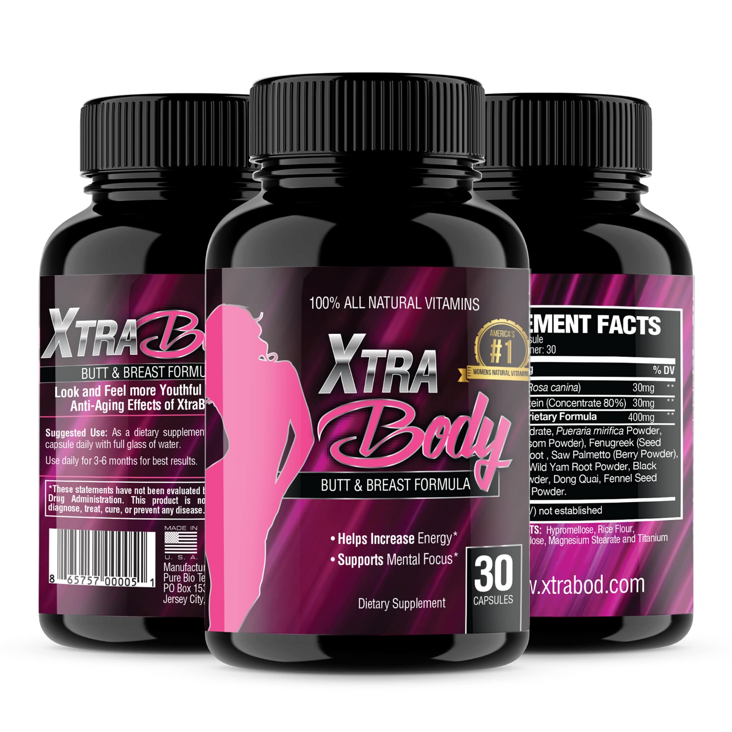 XtraBody Butt Enhancement and Breast Enlargement Supplement - Estrogen Enhancer - Increases Butt & Breast Size, Reduces Menstrual Symptoms & Provides an Extra Boost of Energy (1 Bottle=30 Capsules)