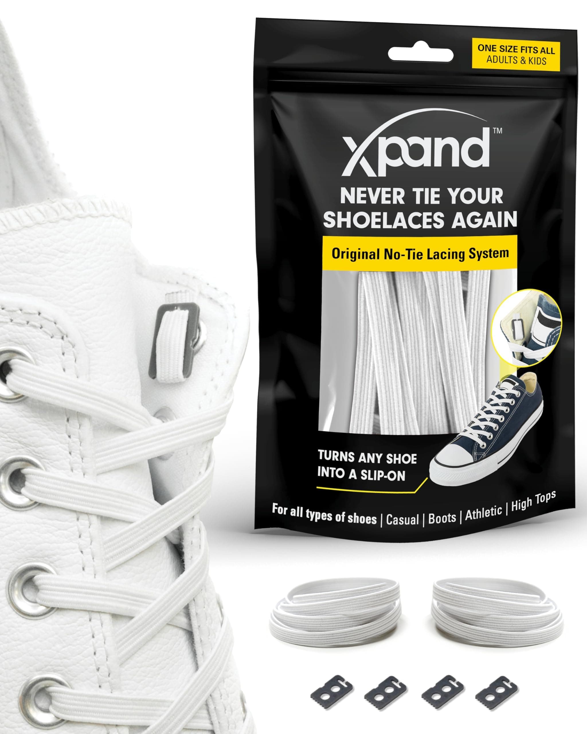 Xpand No Tie Elastic Shoelaces. 1 Size Fits All for Adults & Kids | Stretch Laces for Sneakers, Runners & High Tops Shoes
