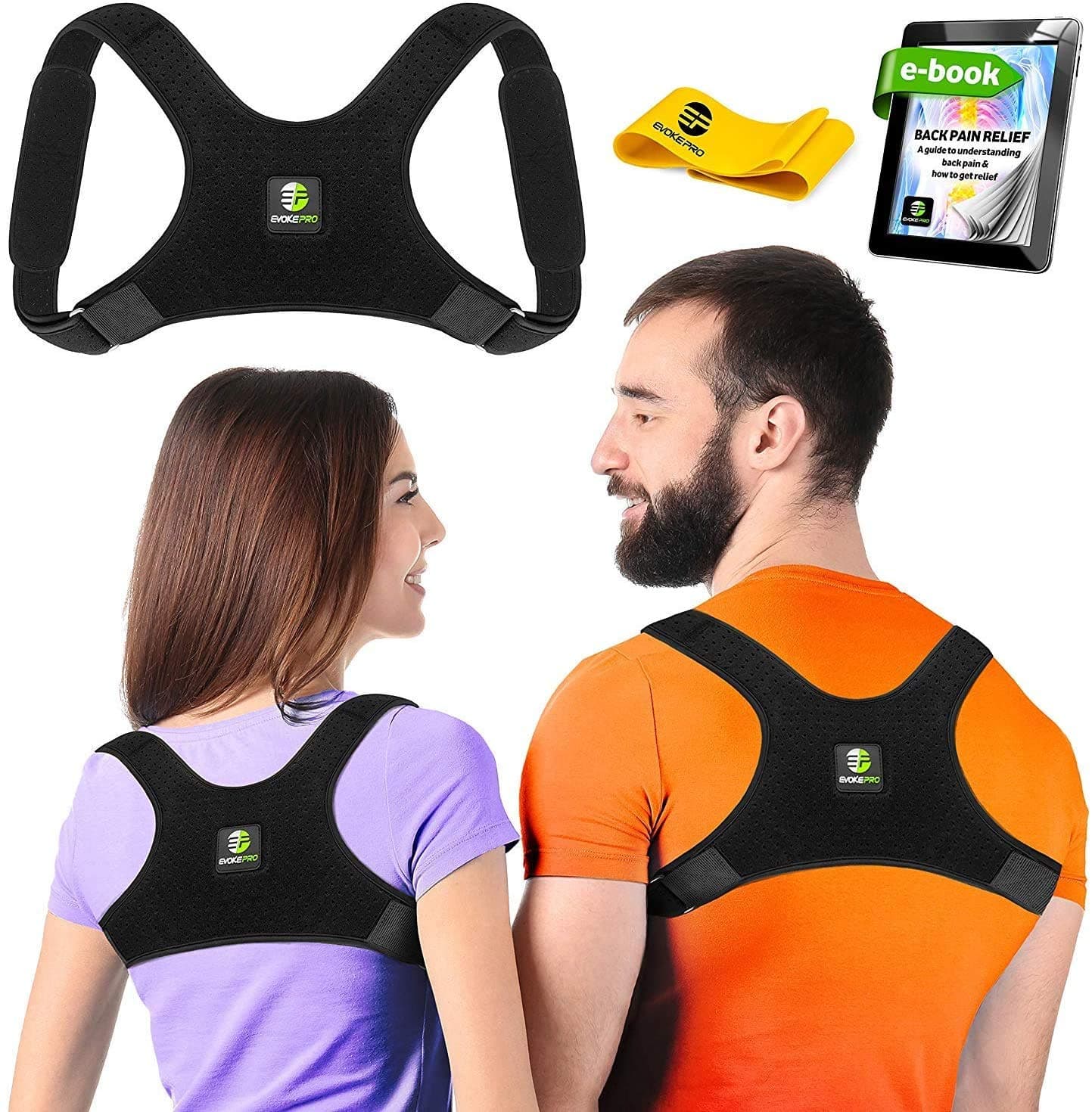 Evoke Pro Back Posture Corrector for Women and Men + Resistance Band - Trains your back muscles to prevent slouching and provides back pain relief (Regular)