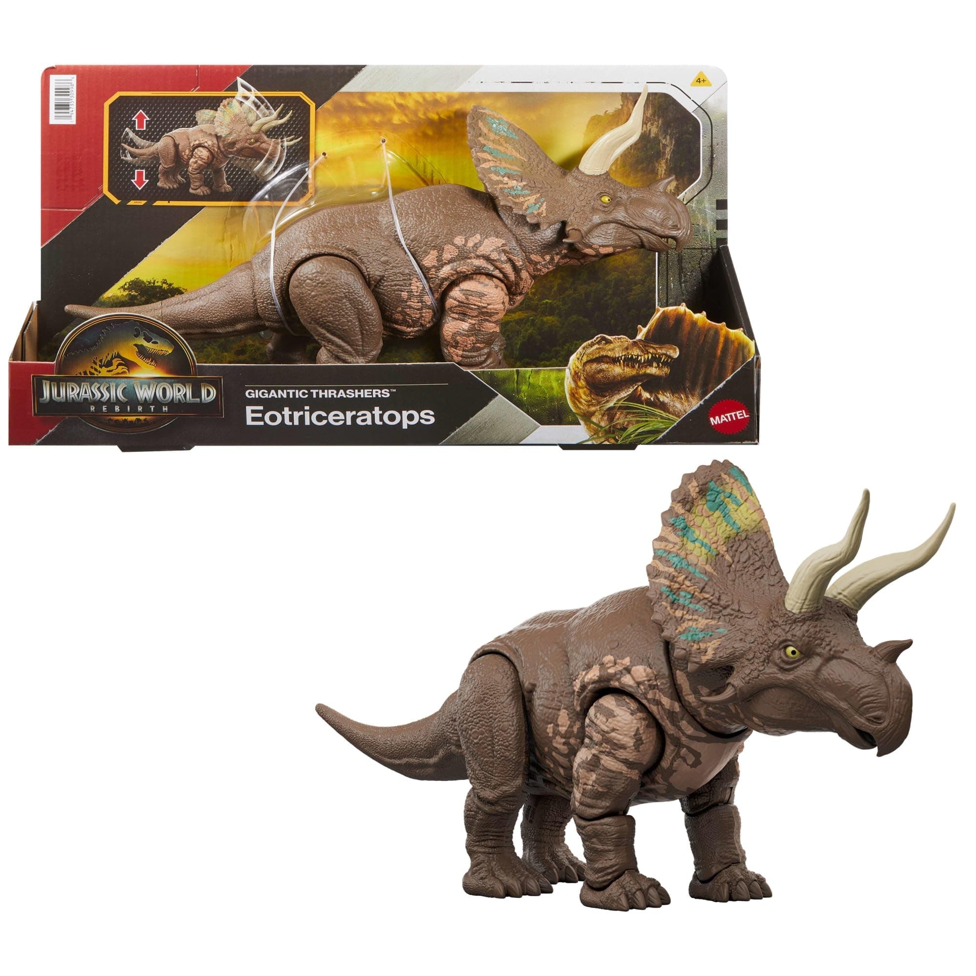 Jurassic World Rebirth Gigantic Thrashers Eotriceratops Dinosaur Figure Toy, Large Species, 2 Tail Activated Rampage Attacks, Digital Play