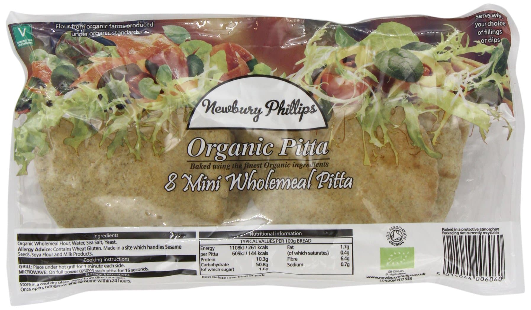 Newbury Phillips Organic Mini Wholemeal 8 Pitas (Pack of 7, Total 56 Pitas)
