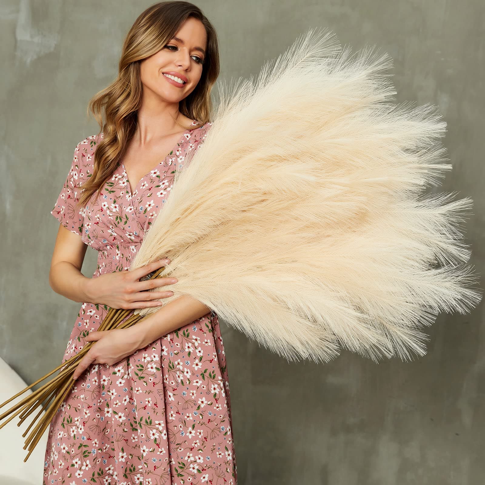 VIERENA 8 PCS Faux Pampas Grass 45"/115cm Tall Artificial Pompas Floral Large Fake Pompous Grass Branches Plants Floor Vase Filler for Home Kitchen Boho Decor (Beige)